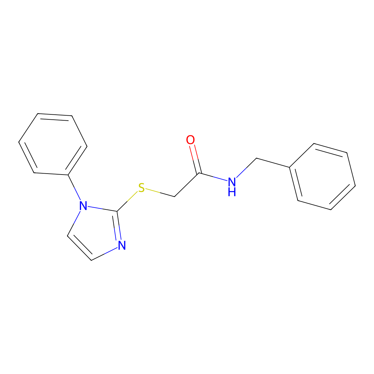 N-benzyl-2-((1-phenyl-1H-imidazol-2-yl)thio)acetamide molecular structure, CAS 851130-88-6