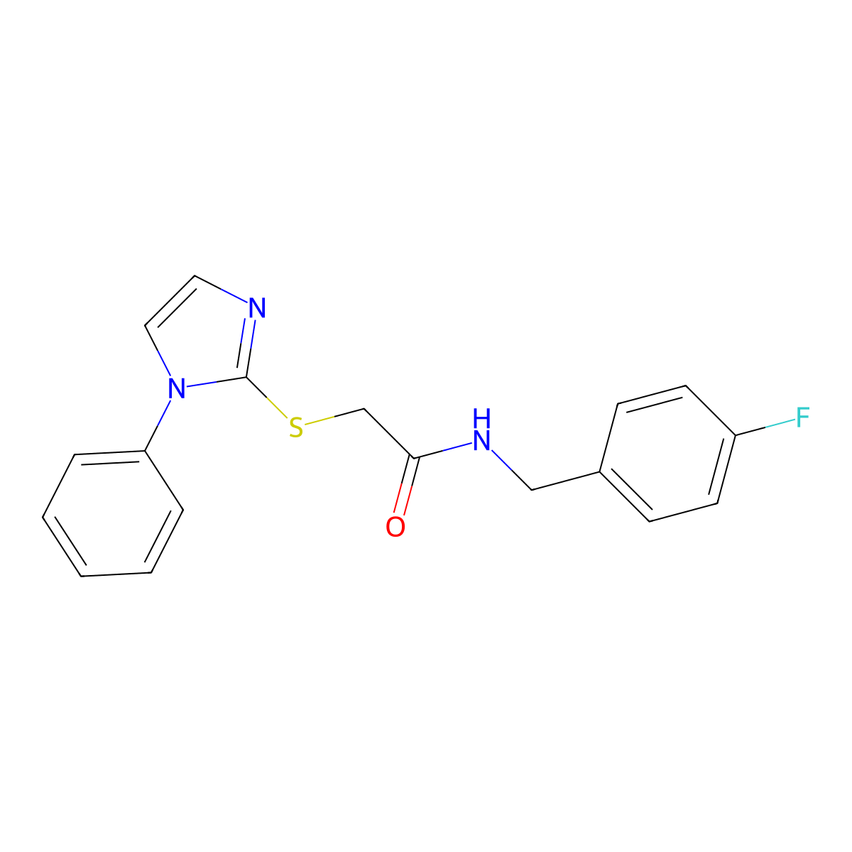 N-[(4-fluorophenyl)methyl]-2-(1-phenylimidazol-2-yl)sulfanylacetamide molecular structure, CAS 851130-89-7
