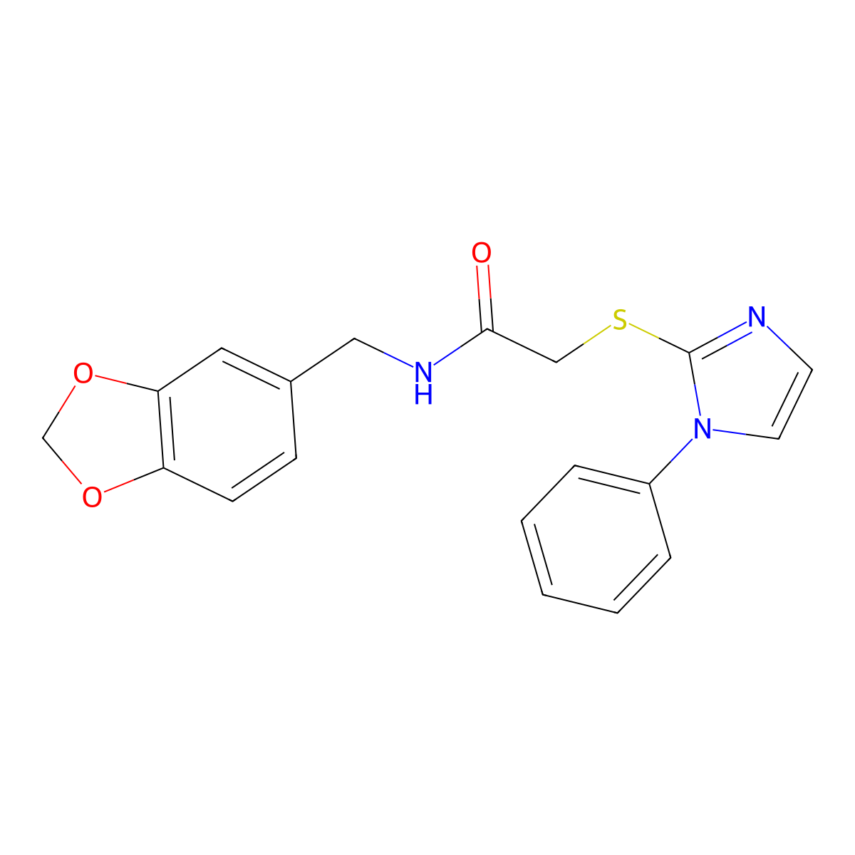 N-(1,3-benzodioxol-5-ylmethyl)-2-(1-phenylimidazol-2-yl)sulfanylacetamide molecular structure, CAS 851130-90-0