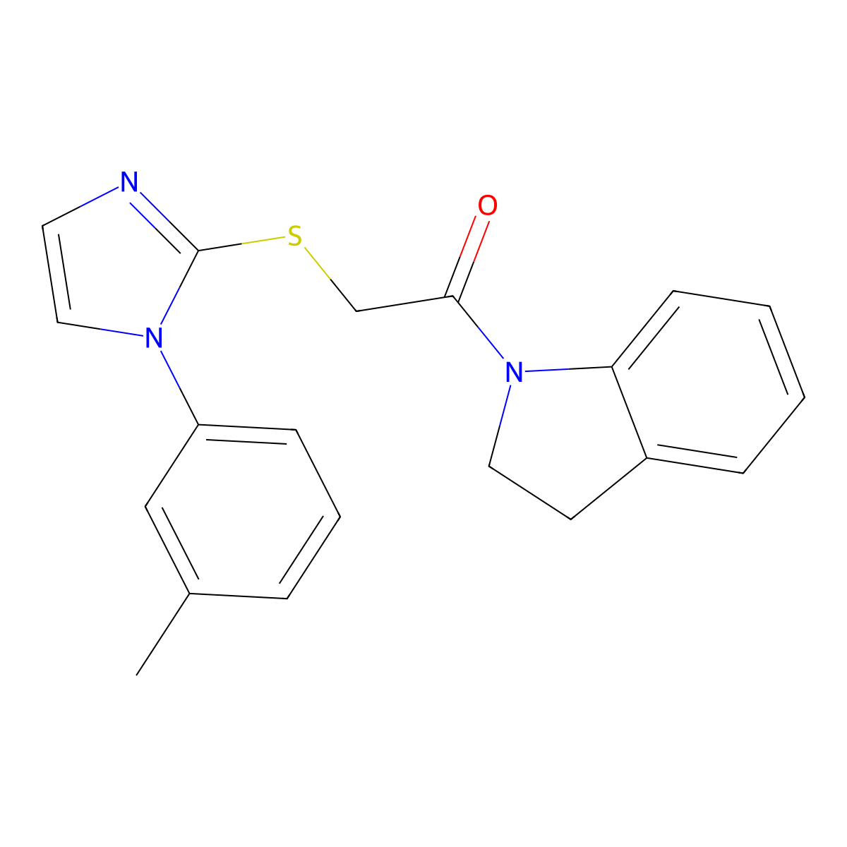 1-(indolin-1-yl)-2-((1-(m-tolyl)-1H-imidazol-2-yl)thio)ethanone molecular structure, CAS 851130-91-1