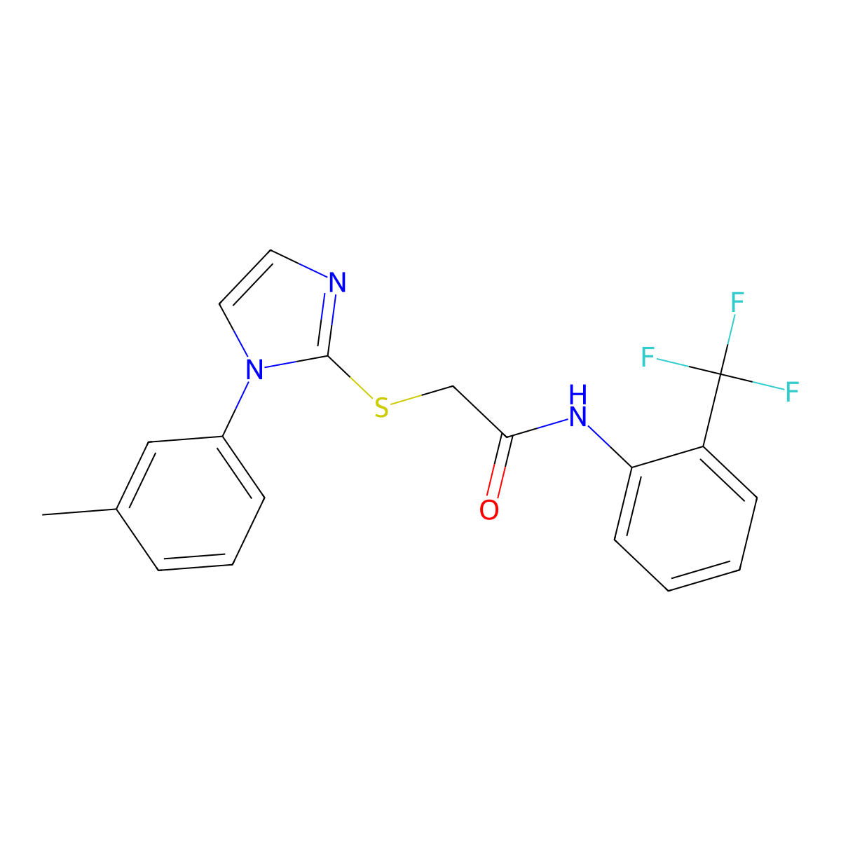2-((1-(m-tolyl)-1H-imidazol-2-yl)thio)-N-(2-(trifluoromethyl)phenyl)acetamide molecular structure, CAS 851130-96-6