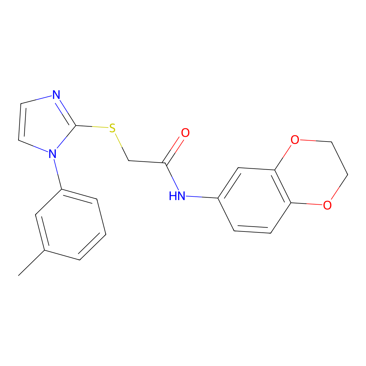 N-(2,3-dihydrobenzo[b][1,4]dioxin-6-yl)-2-((1-(m-tolyl)-1H-imidazol-2-yl)thio)acetamide molecular structure, CAS 851131-13-0