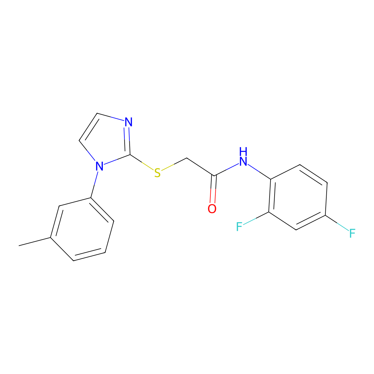 N-(2,4-difluorophenyl)-2-((1-(m-tolyl)-1H-imidazol-2-yl)thio)acetamide molecular structure, CAS 851131-15-2