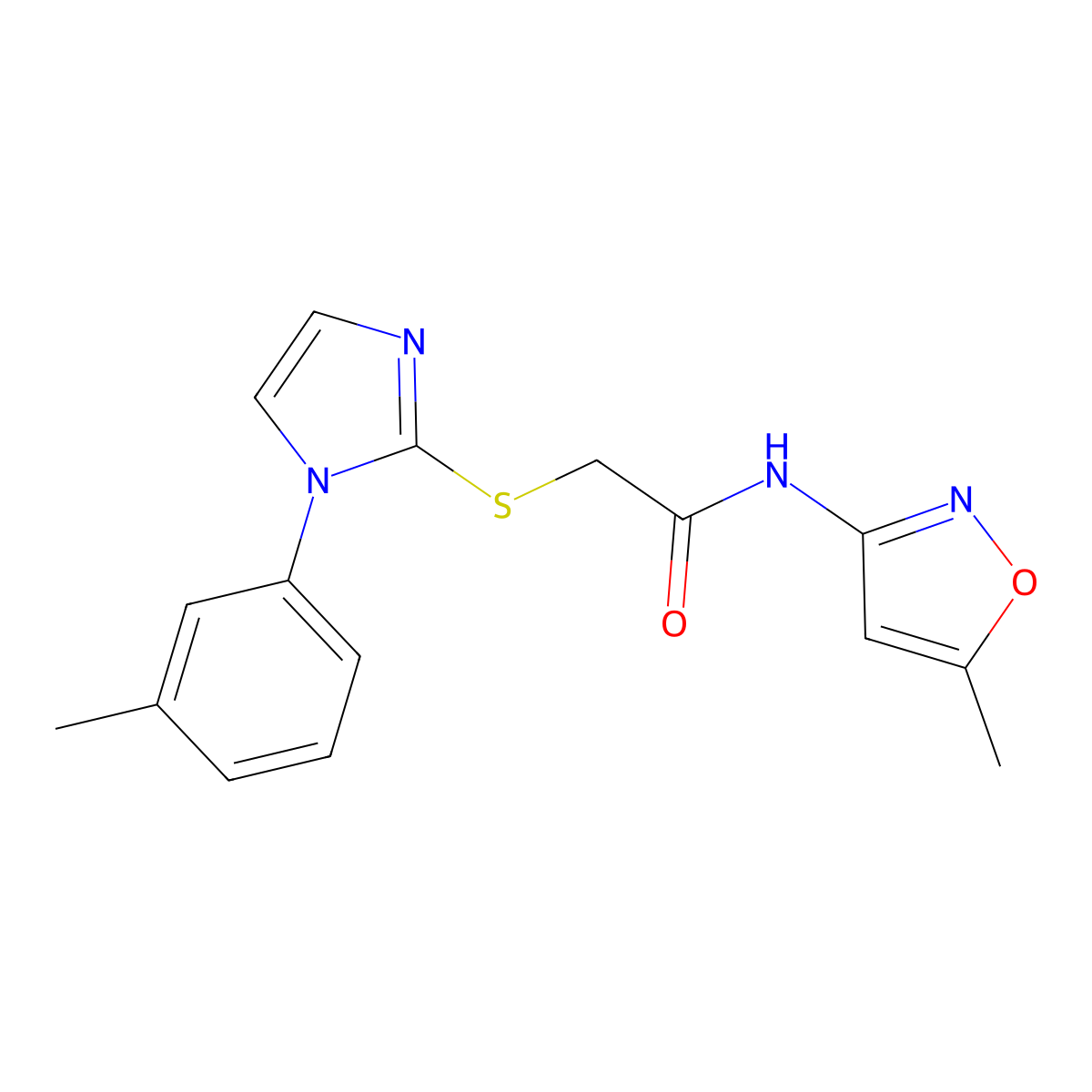 N-(5-methylisoxazol-3-yl)-2-((1-(m-tolyl)-1H-imidazol-2-yl)thio)acetamide molecular structure, CAS 851131-20-9