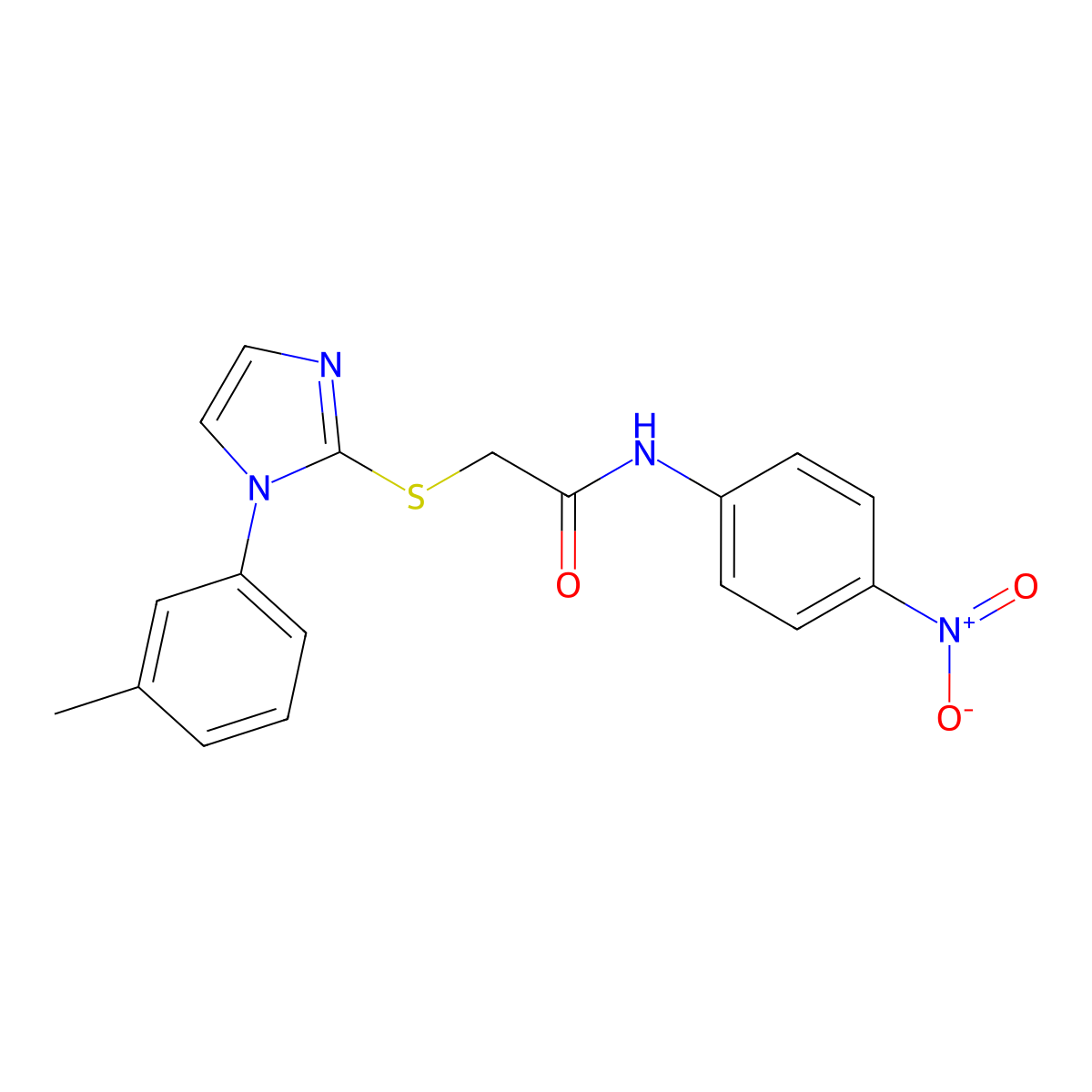 N-(4-nitrophenyl)-2-((1-(m-tolyl)-1H-imidazol-2-yl)thio)acetamide molecular structure, CAS 851131-21-0