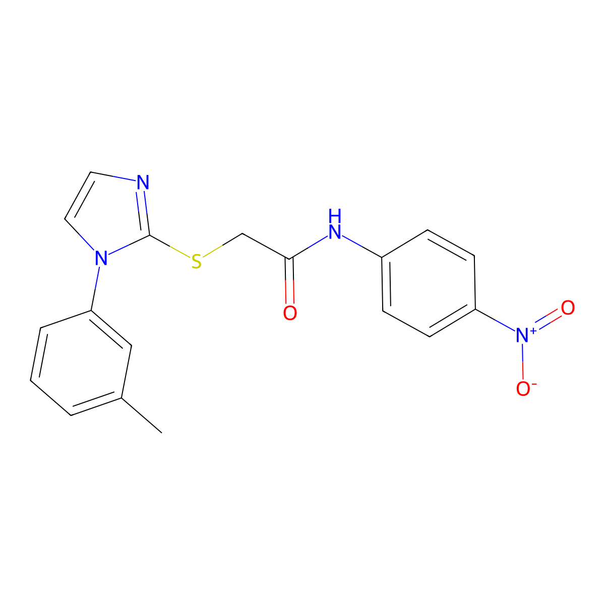 N-(4-nitrophenyl)-2-((1-(m-tolyl)-1H-imidazol-2-yl)thio)acetamide molecular structure, CAS 851131-21-0