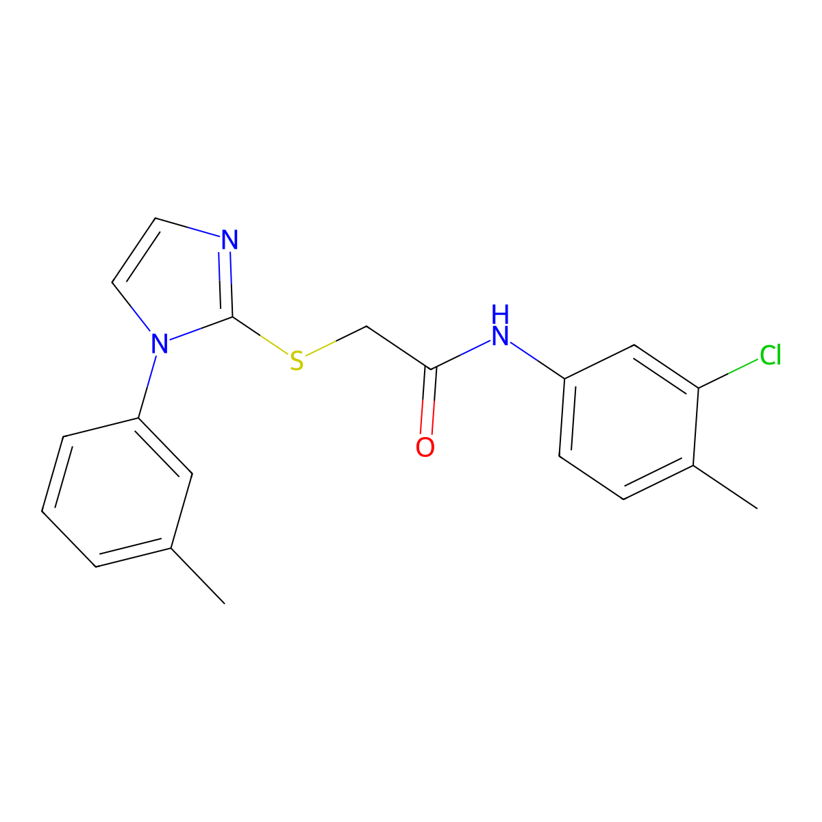 N-(3-chloro-4-methylphenyl)-2-((1-(m-tolyl)-1H-imidazol-2-yl)thio)acetamide molecular structure, CAS 851131-29-8