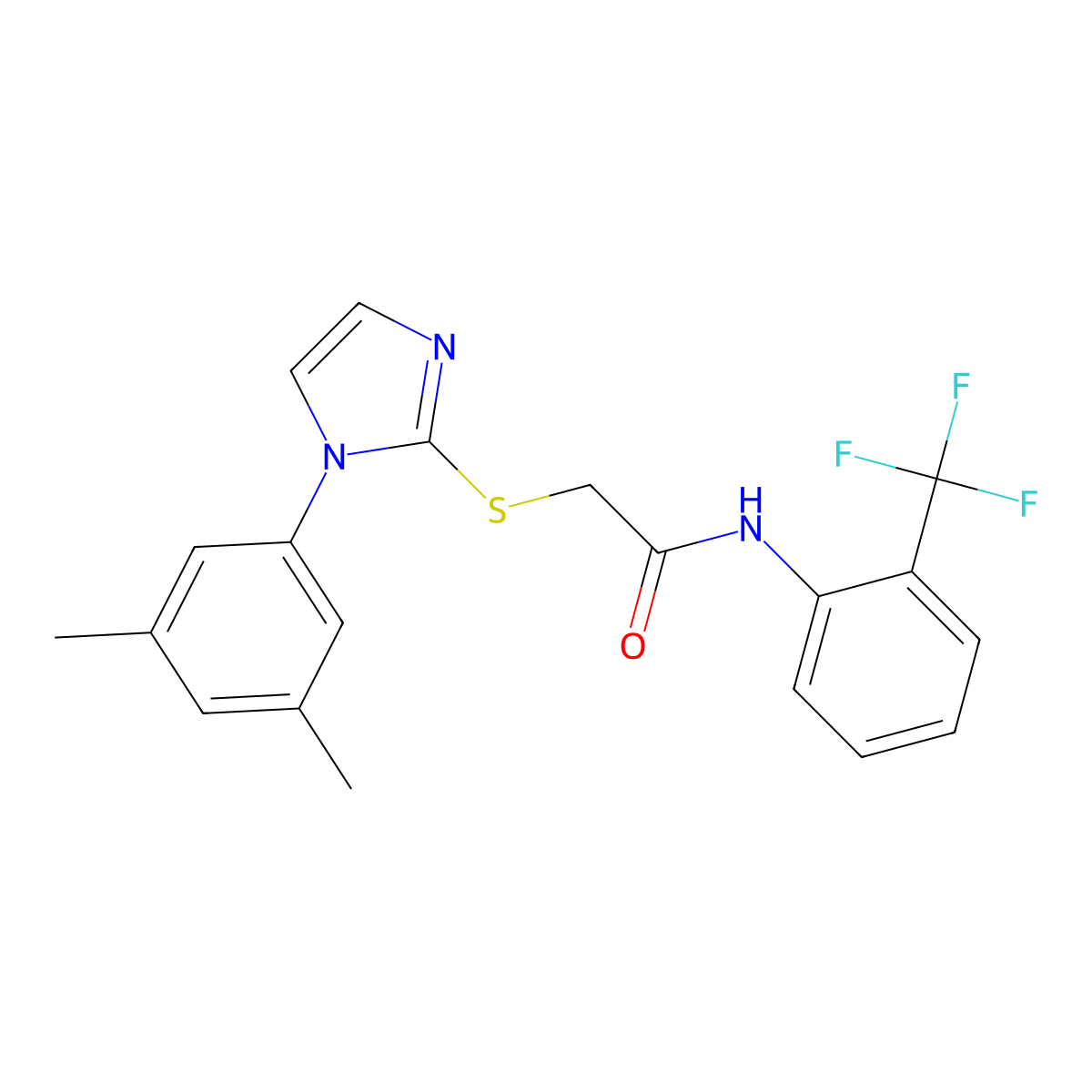 2-((1-(3,5-dimethylphenyl)-1H-imidazol-2-yl)thio)-N-(2-(trifluoromethyl)phenyl)acetamide molecular structure, CAS 851131-85-6