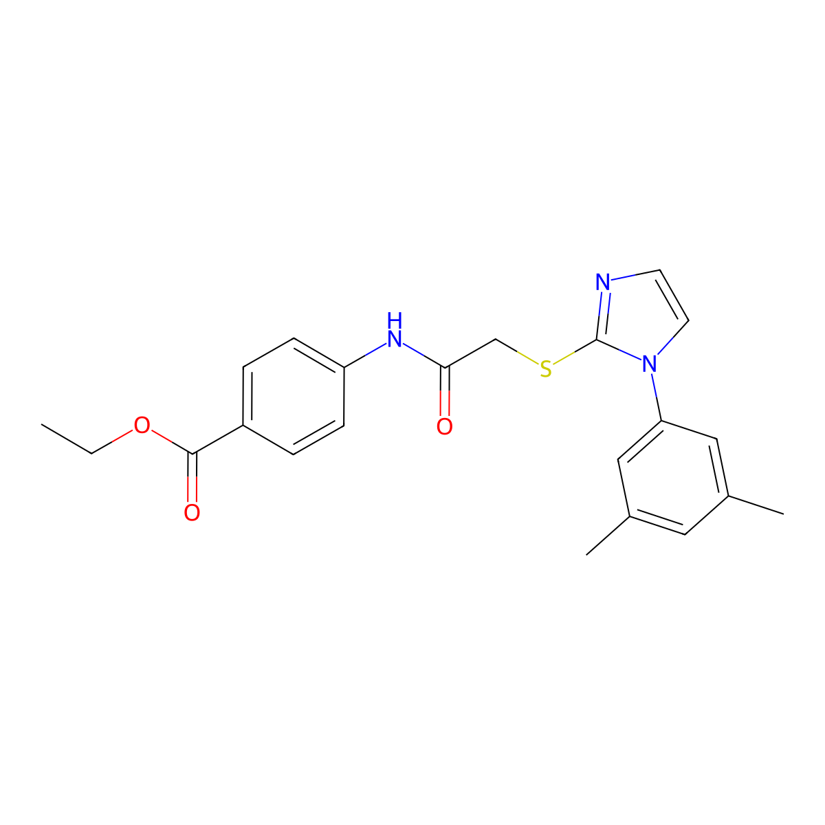 Ethyl 4-[[2-[1-(3,5-dimethylphenyl)imidazol-2-yl]sulfanylacetyl]amino]benzoate molecular structure, CAS 851131-87-8