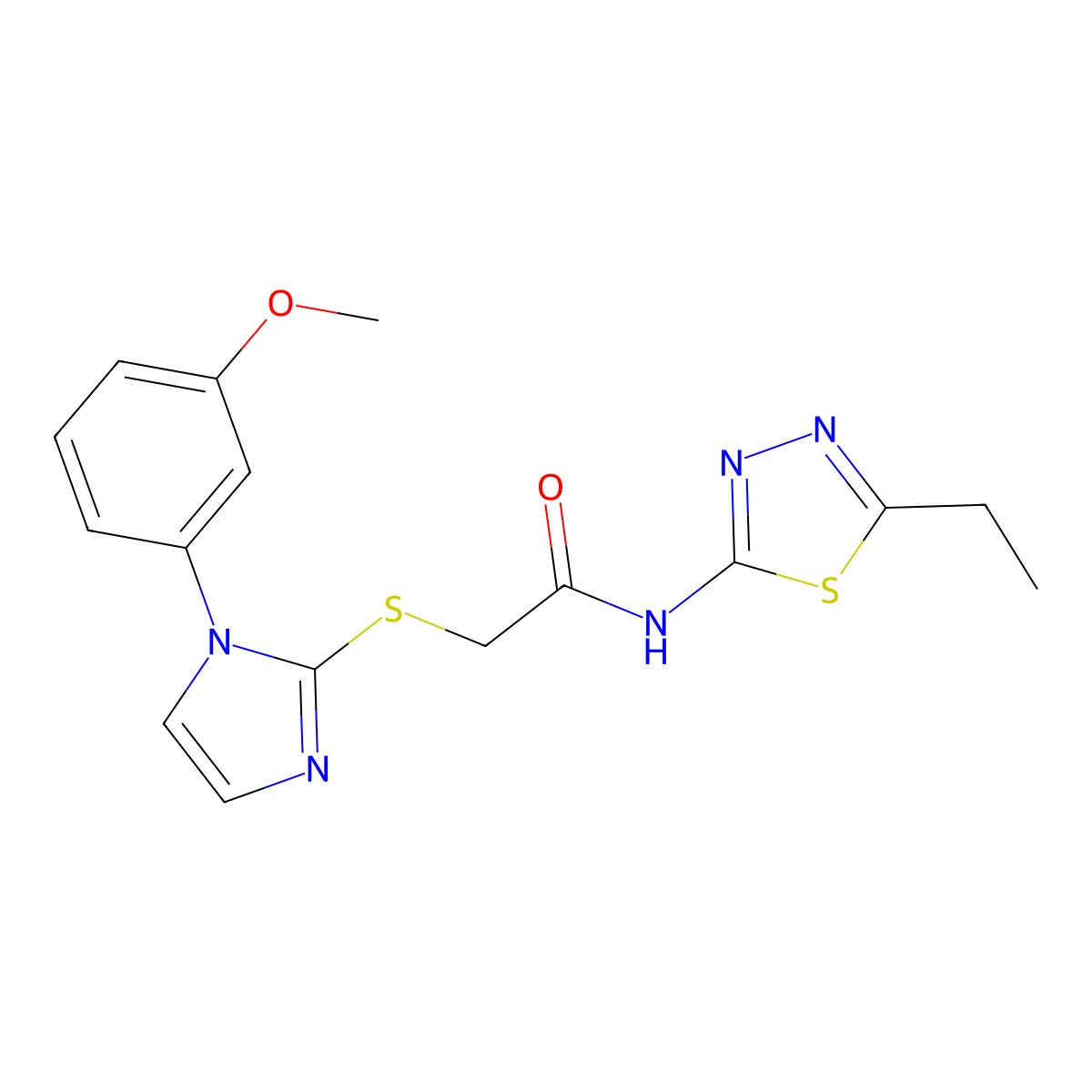 N-(5-ethyl-1,3,4-thiadiazol-2-yl)-2-((1-(3-methoxyphenyl)-1H-imidazol-2-yl)thio)acetamide molecular structure, CAS 851132-28-0
