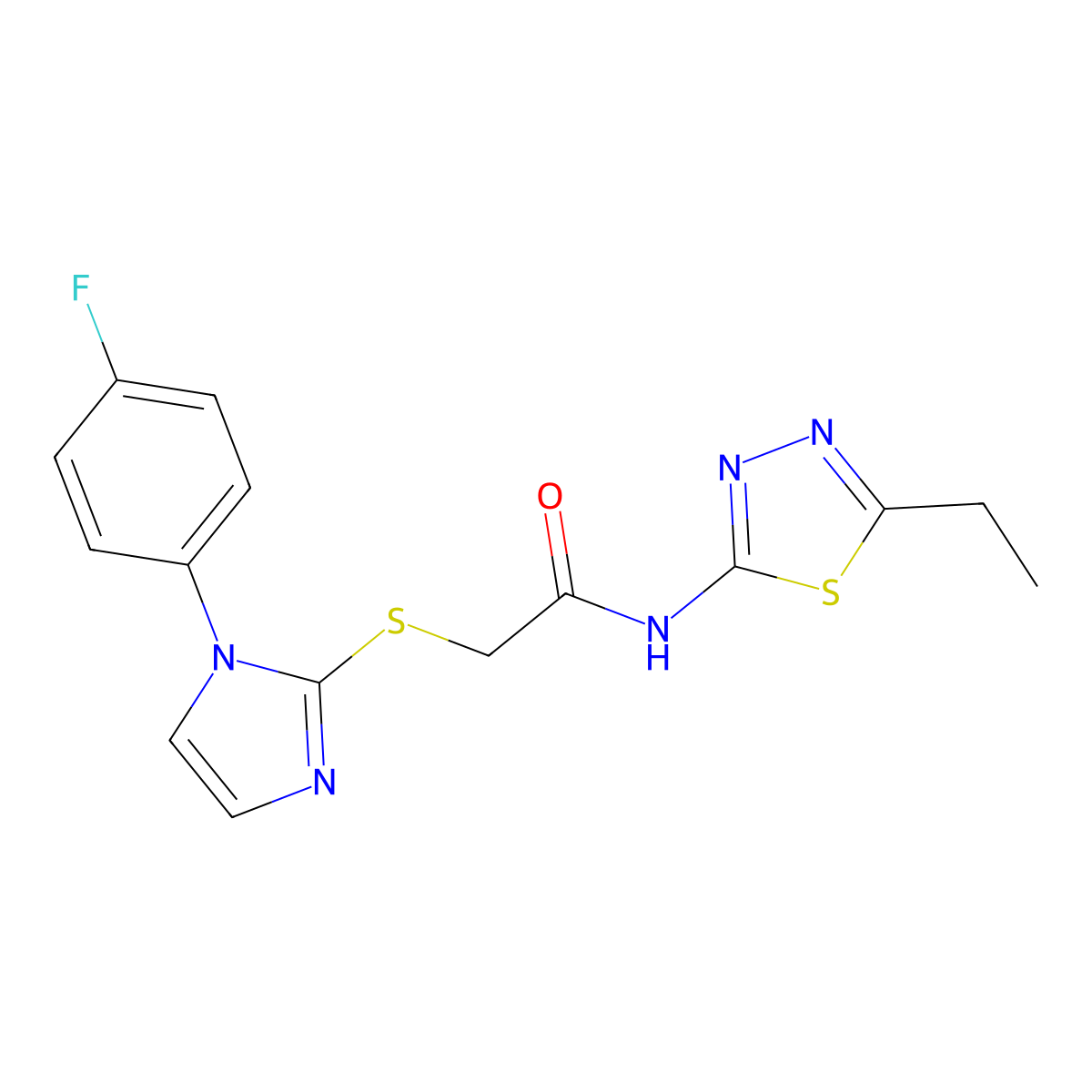 N-(5-ethyl-1,3,4-thiadiazol-2-yl)-2-[1-(4-fluorophenyl)imidazol-2-yl]sulfanylacetamide molecular structure, CAS 851132-69-9