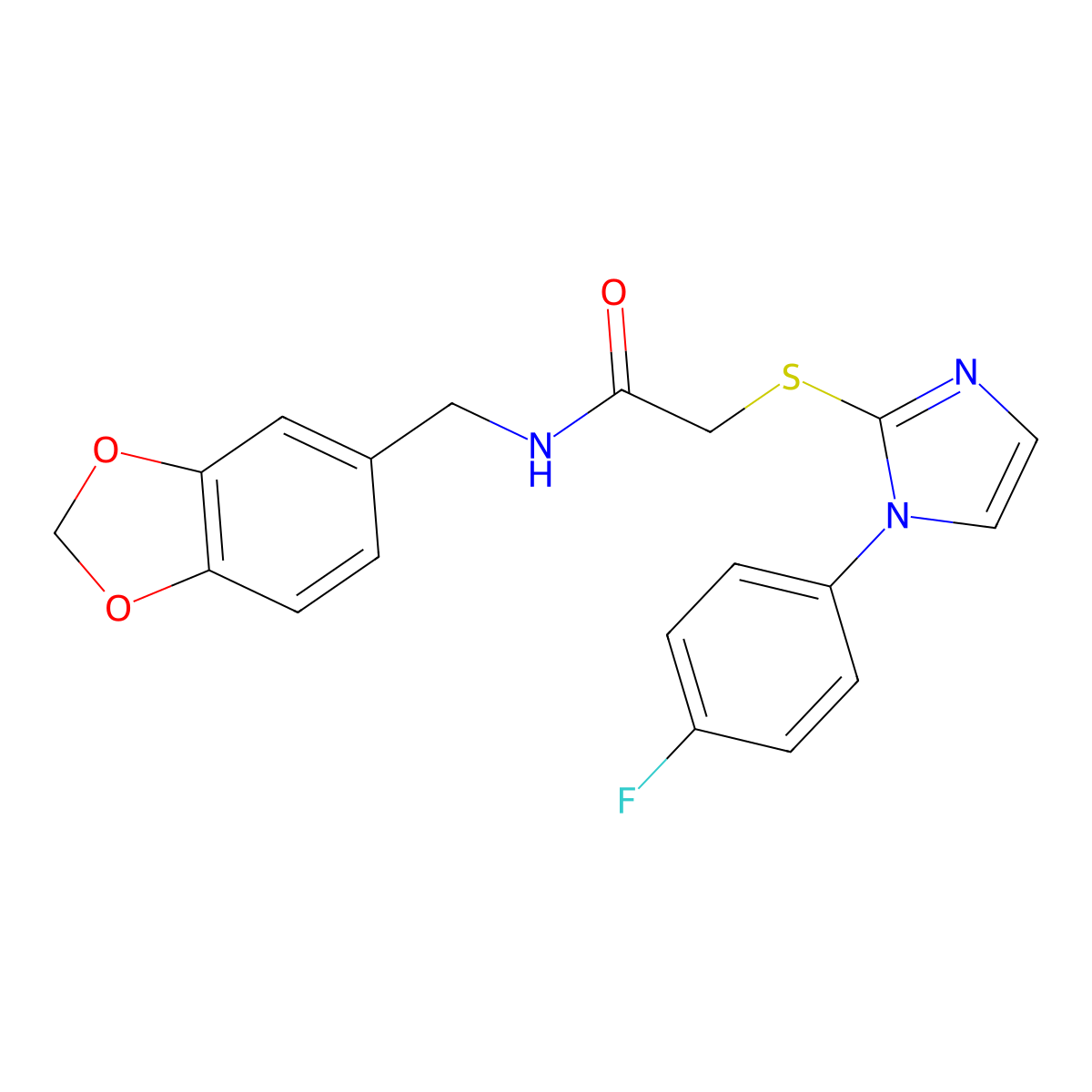 N-(1,3-benzodioxol-5-ylmethyl)-2-[1-(4-fluorophenyl)imidazol-2-yl]sulfanylacetamide molecular structure, CAS 851132-74-6