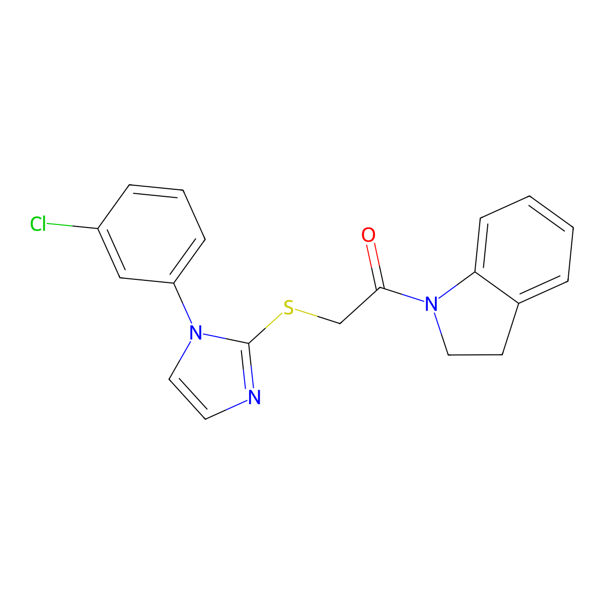 2-[1-(3-Chlorophenyl)imidazol-2-yl]sulfanyl-1-(2,3-dihydroindol-1-yl)ethanone molecular structure, CAS 851132-75-7
