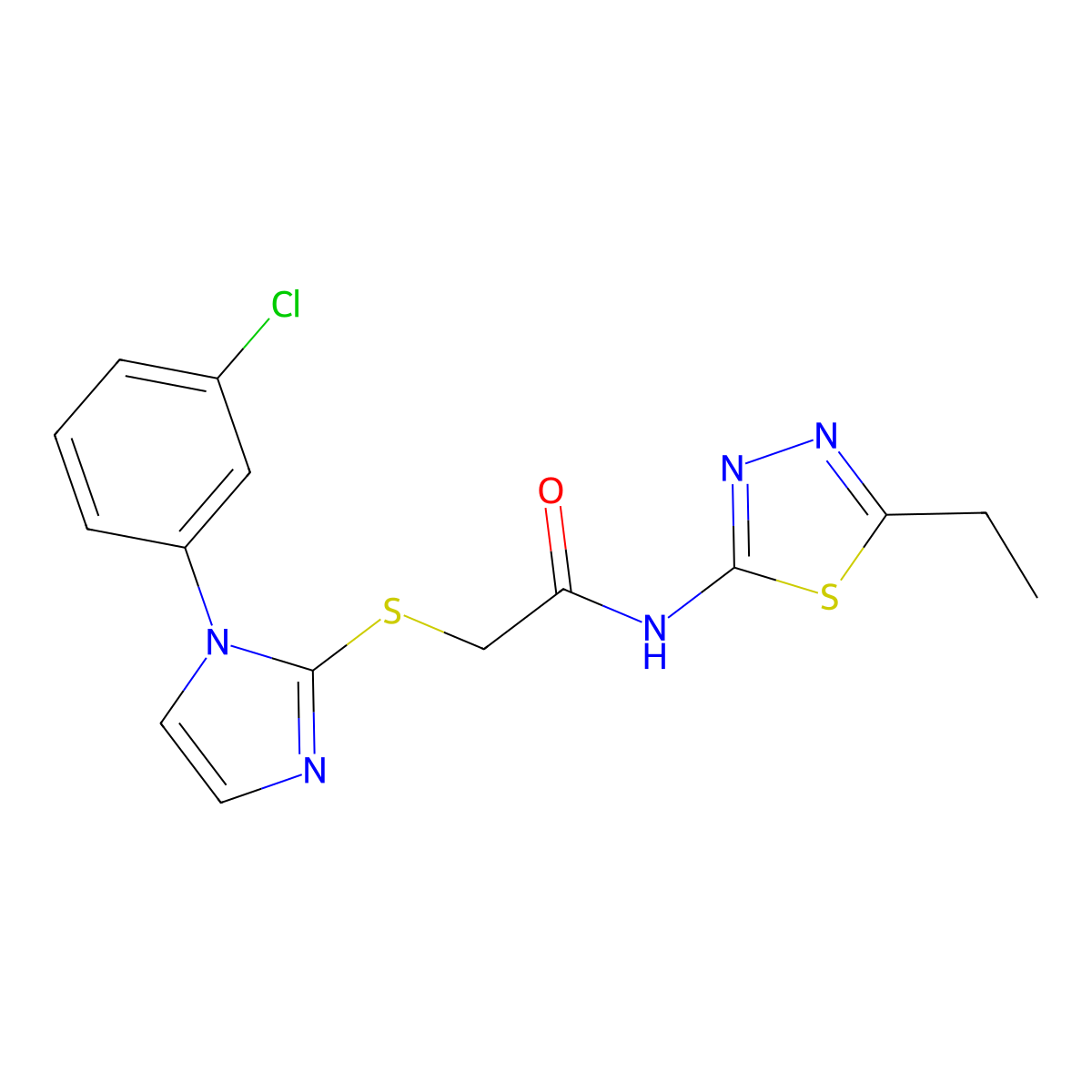 2-[1-(3-chlorophenyl)imidazol-2-yl]sulfanyl-N-(5-ethyl-1,3,4-thiadiazol-2-yl)acetamide molecular structure, CAS 851132-77-9