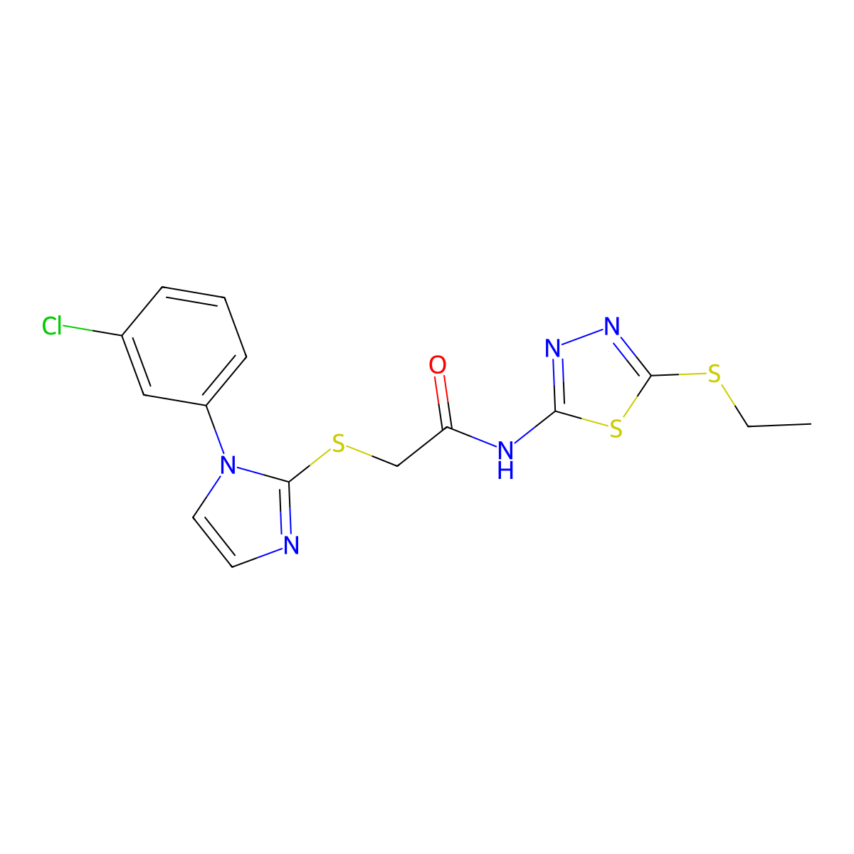 2-[1-(3-chlorophenyl)imidazol-2-yl]sulfanyl-N-(5-ethylsulfanyl-1,3,4-thiadiazol-2-yl)acetamide molecular structure, CAS 851132-78-0