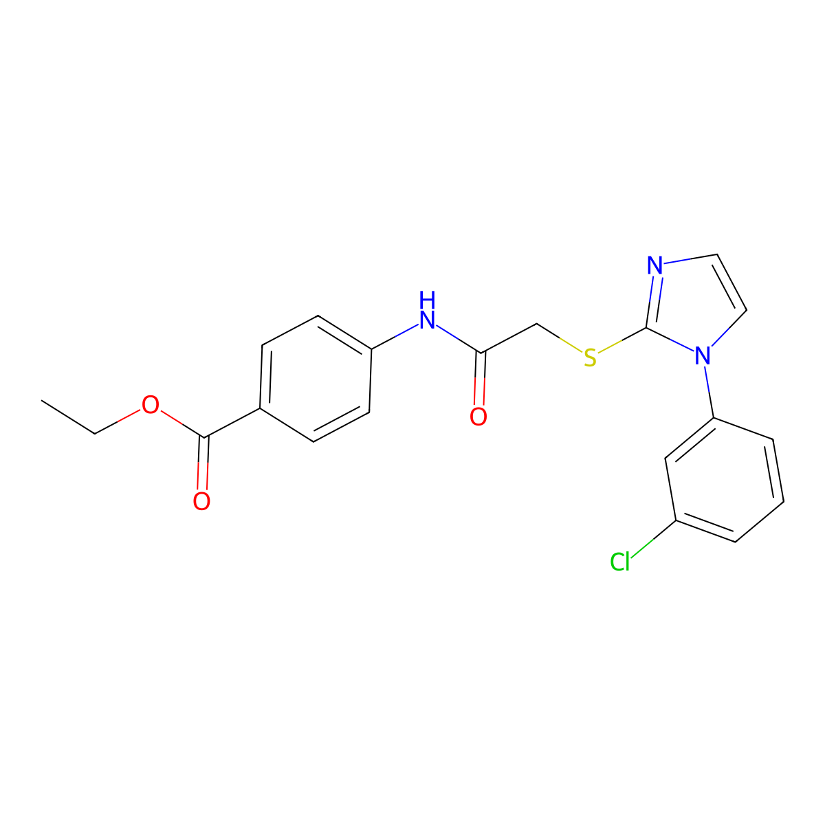 Ethyl 4-[[2-[1-(3-chlorophenyl)imidazol-2-yl]sulfanylacetyl]amino]benzoate molecular structure, CAS 851132-82-6