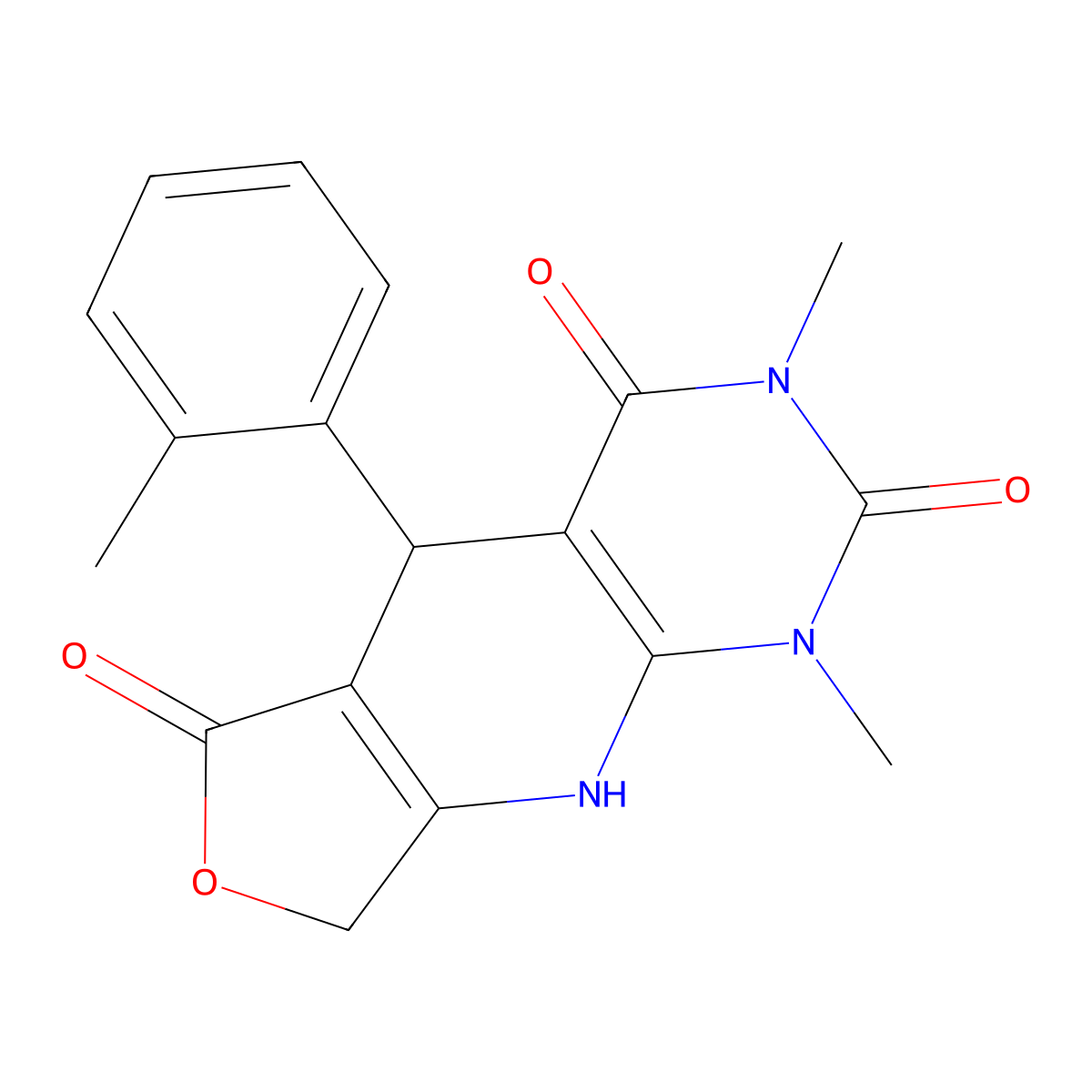 1,3-dimethyl-5-(2-methylphenyl)-5,9-dihydrofuro[3',4':5,6]pyrido[2,3-d]pyrimidine-2,4,6(1H,3H,8H)-trione molecular structure, CAS 851168-62-2