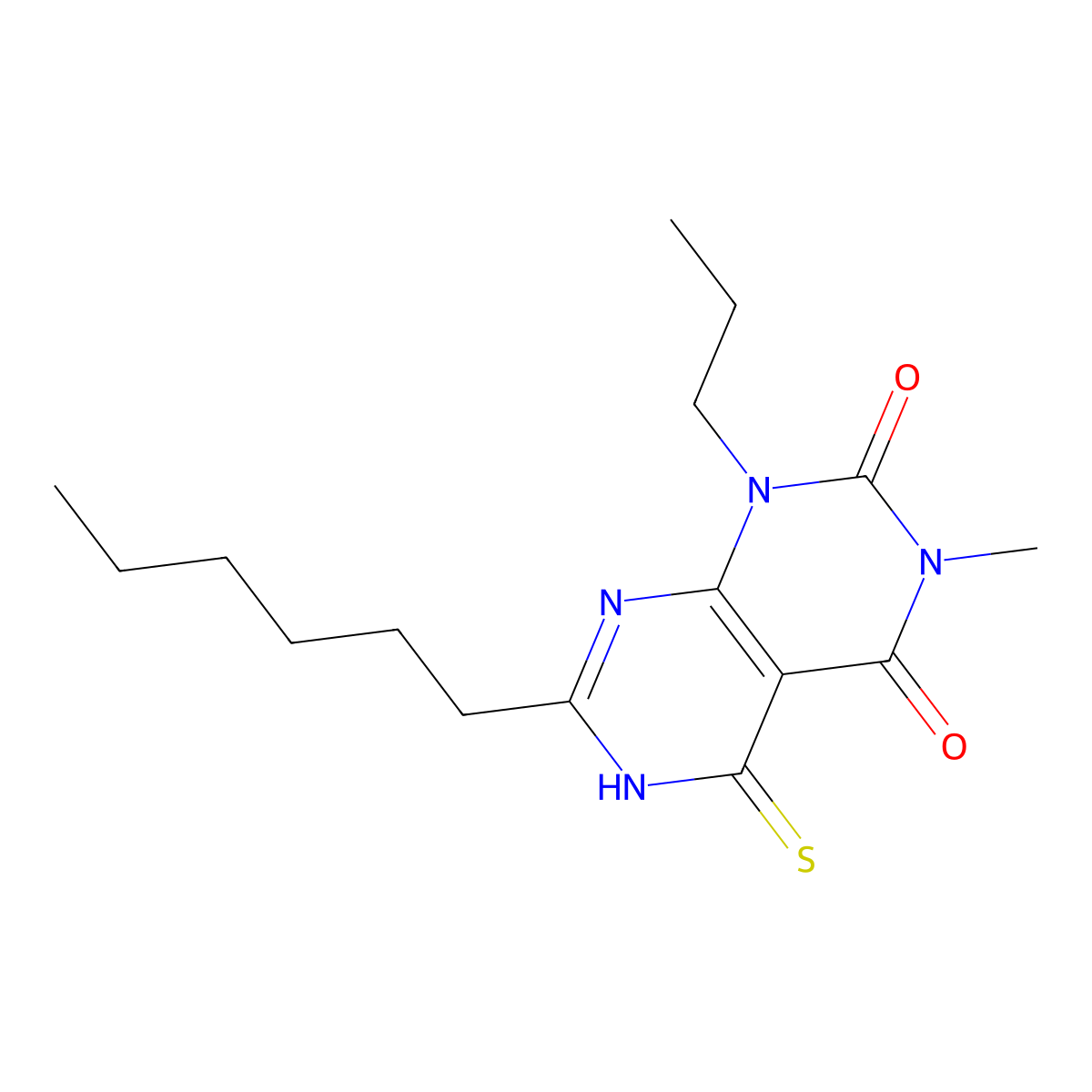 7-hexyl-3-methyl-1-propyl-5-sulfanyl-1H,2H,3H,4H-pyrimido[4,5-d][1,3]diazine-2,4-dione molecular structure, CAS 851169-18-1