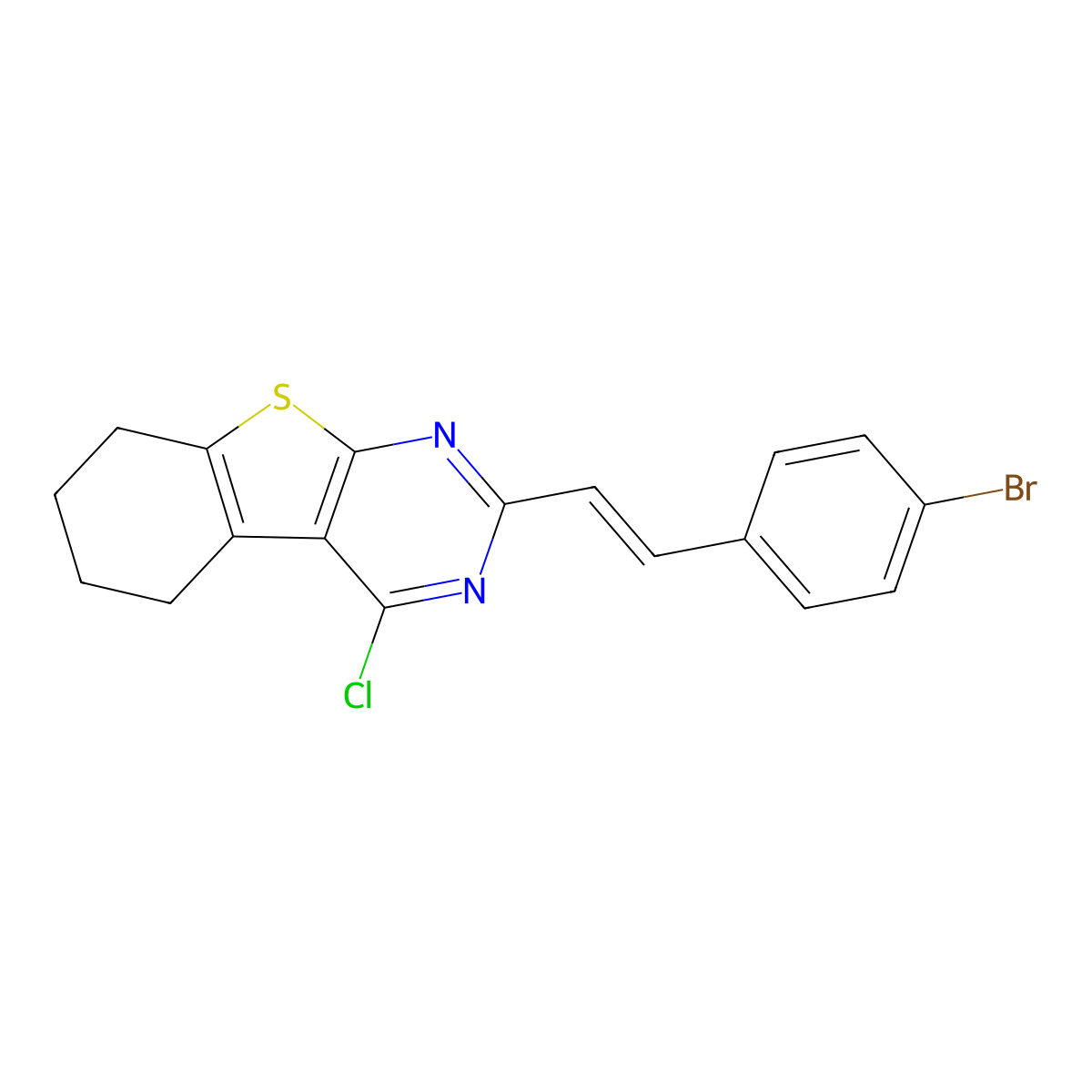 2-(2-(4-Bromophenyl)ethenyl)-4-chloro-5,6,7,8-tetrahydro(1)benzothieno(2,3-d)pyrimidine molecular structure, CAS 851169-47-6
