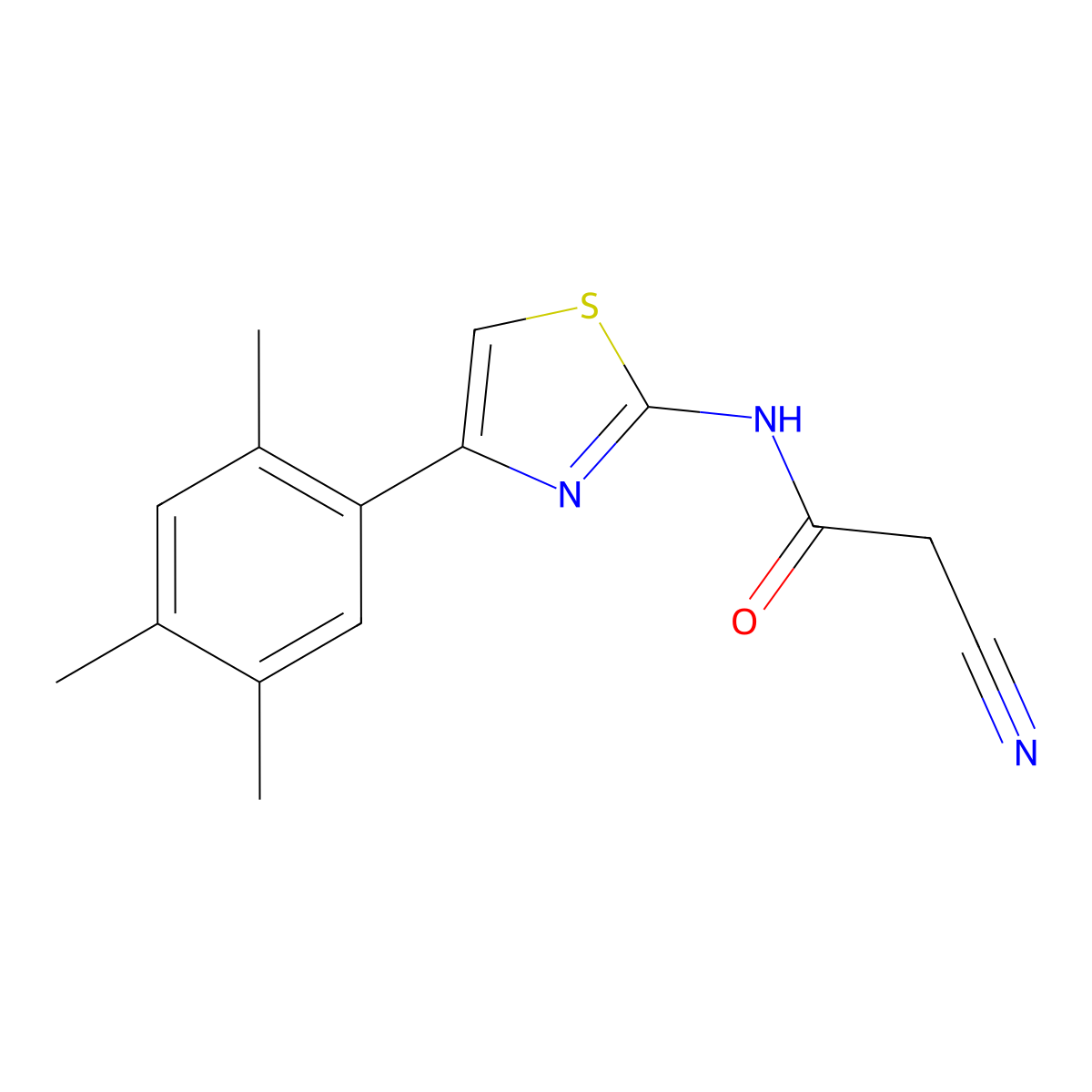 2-cyano-N-(4-(2,4,5-trimethylphenyl)-1,3-thiazol-2-yl)acetamide molecular structure, CAS 851169-55-6