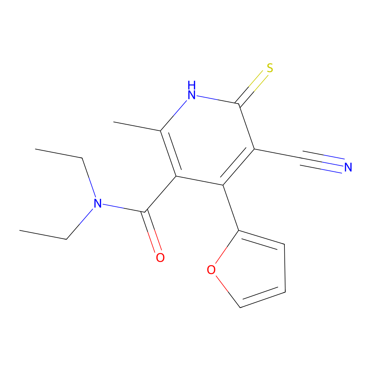 5-cyano-N,N-diethyl-4-(furan-2-yl)-2-methyl-6-sulfanylpyridine-3-carboxamide molecular structure, CAS 851175-85-4