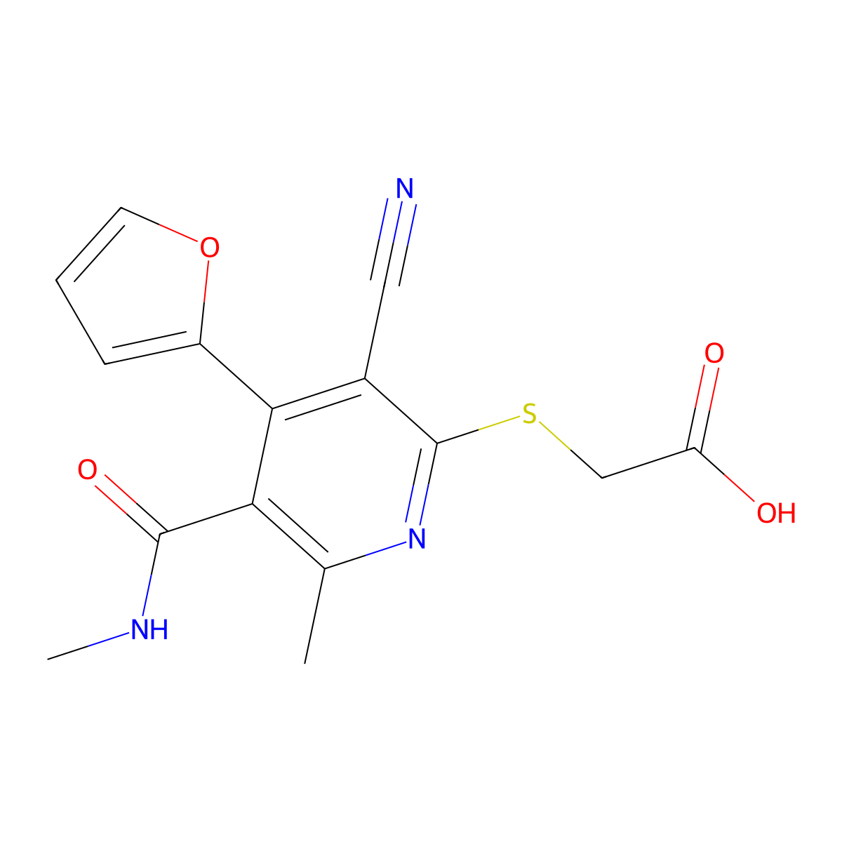 2-{[3-Cyano-4-(furan-2-yl)-6-methyl-5-(methylcarbamoyl)pyridin-2-yl]sulfanyl}acetic acid molecular structure, CAS 851208-06-5