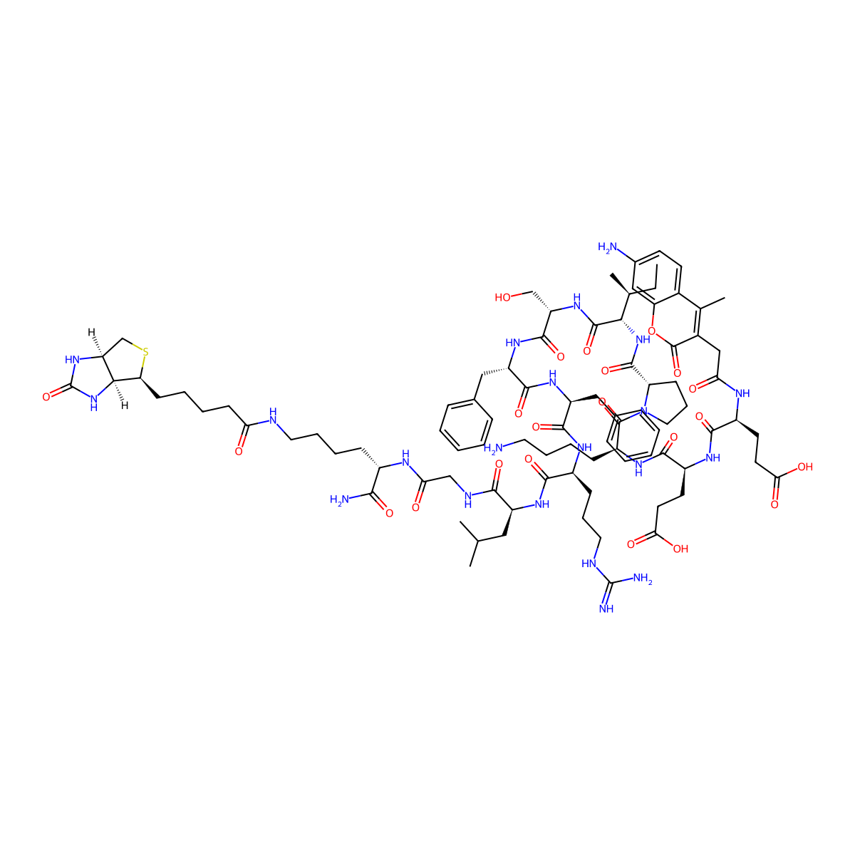 AMCA-Glu-Glu-Lys-Pro-Ile-Ser-Phe-Phe-Arg-Leu-Gly-Lys(biotinyl)-NH2 molecular structure, CAS 851231-19-1