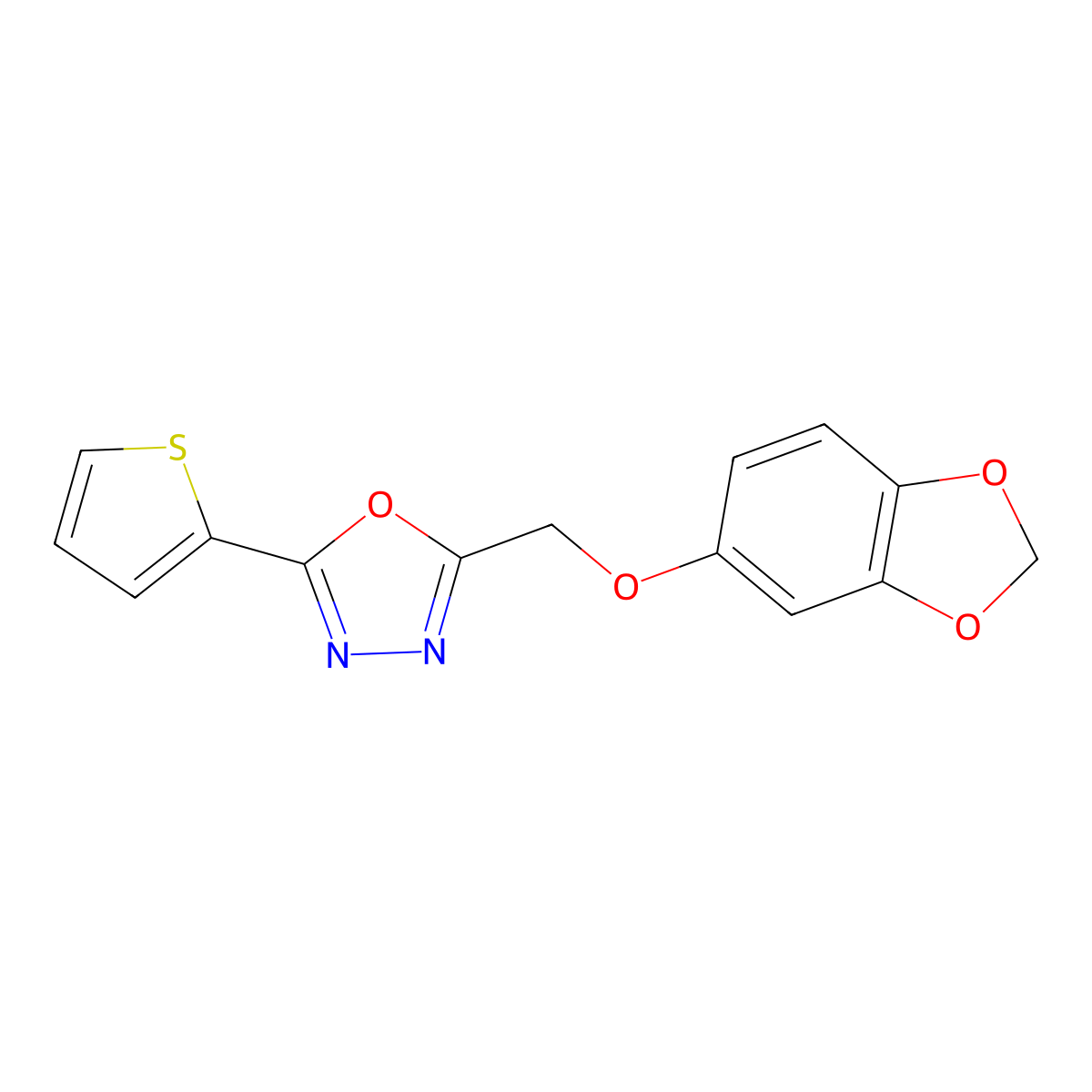 2-((Benzo[d][1,3]dioxol-5-yloxy)methyl)-5-(thiophen-2-yl)-1,3,4-oxadiazole molecular structure, CAS 851278-26-7