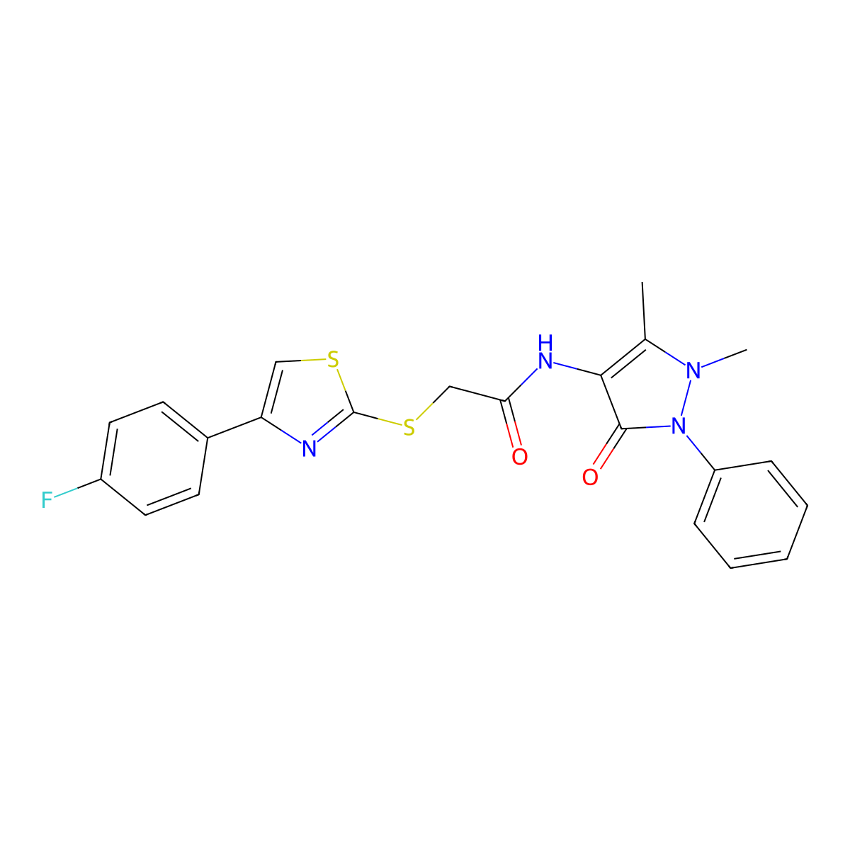 N-(1,5-dimethyl-3-oxo-2-phenylpyrazol-4-yl)-2-[[4-(4-fluorophenyl)-1,3-thiazol-2-yl]sulfanyl]acetamide molecular structure, CAS 851285-47-7