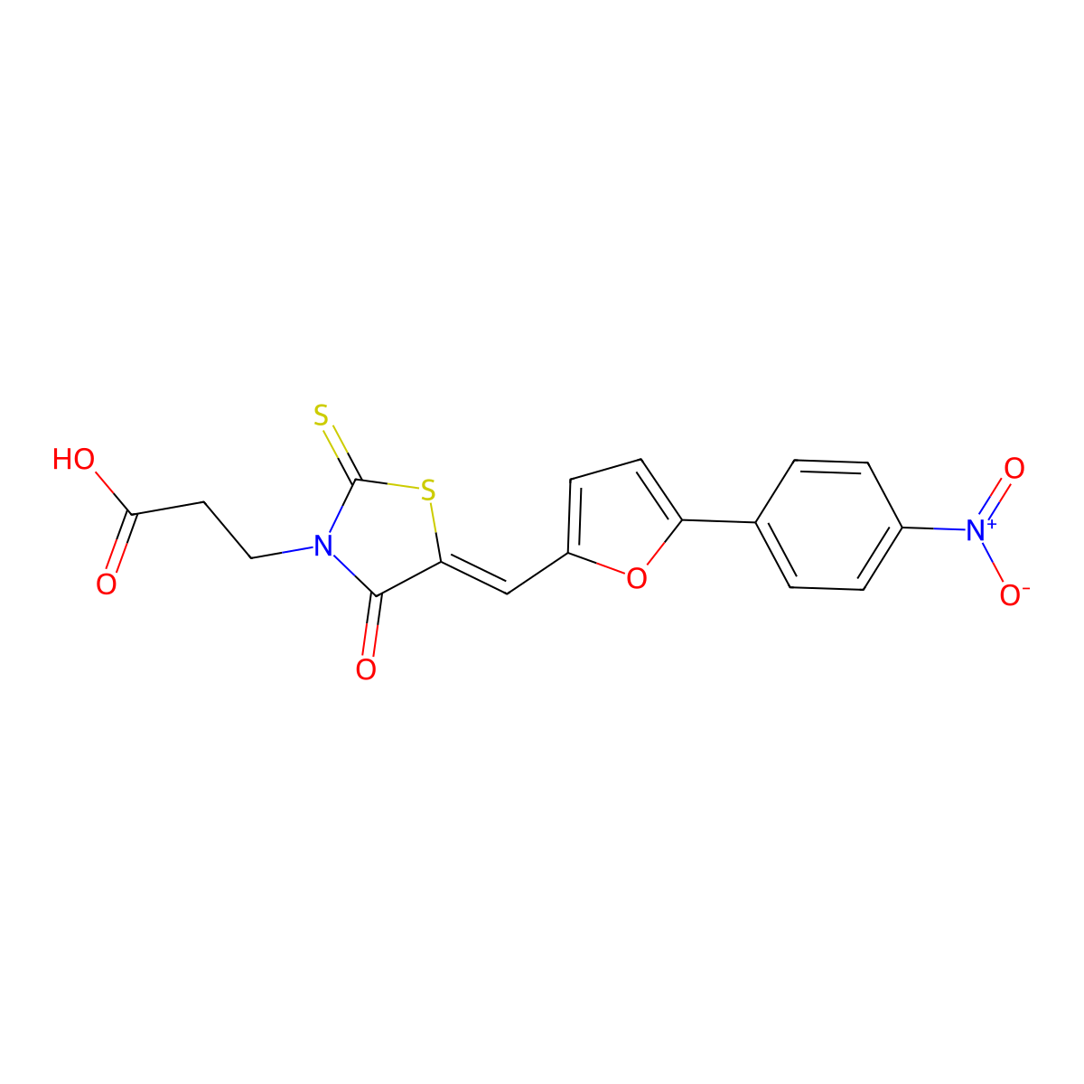 3-((5Z)-5-((5-(4-nitrophenyl)furan-2-yl)methylidene)-4-oxo-2-sulfanylidene-1,3-thiazolidin-3-yl)propanoic acid molecular structure, CAS 851304-36-4