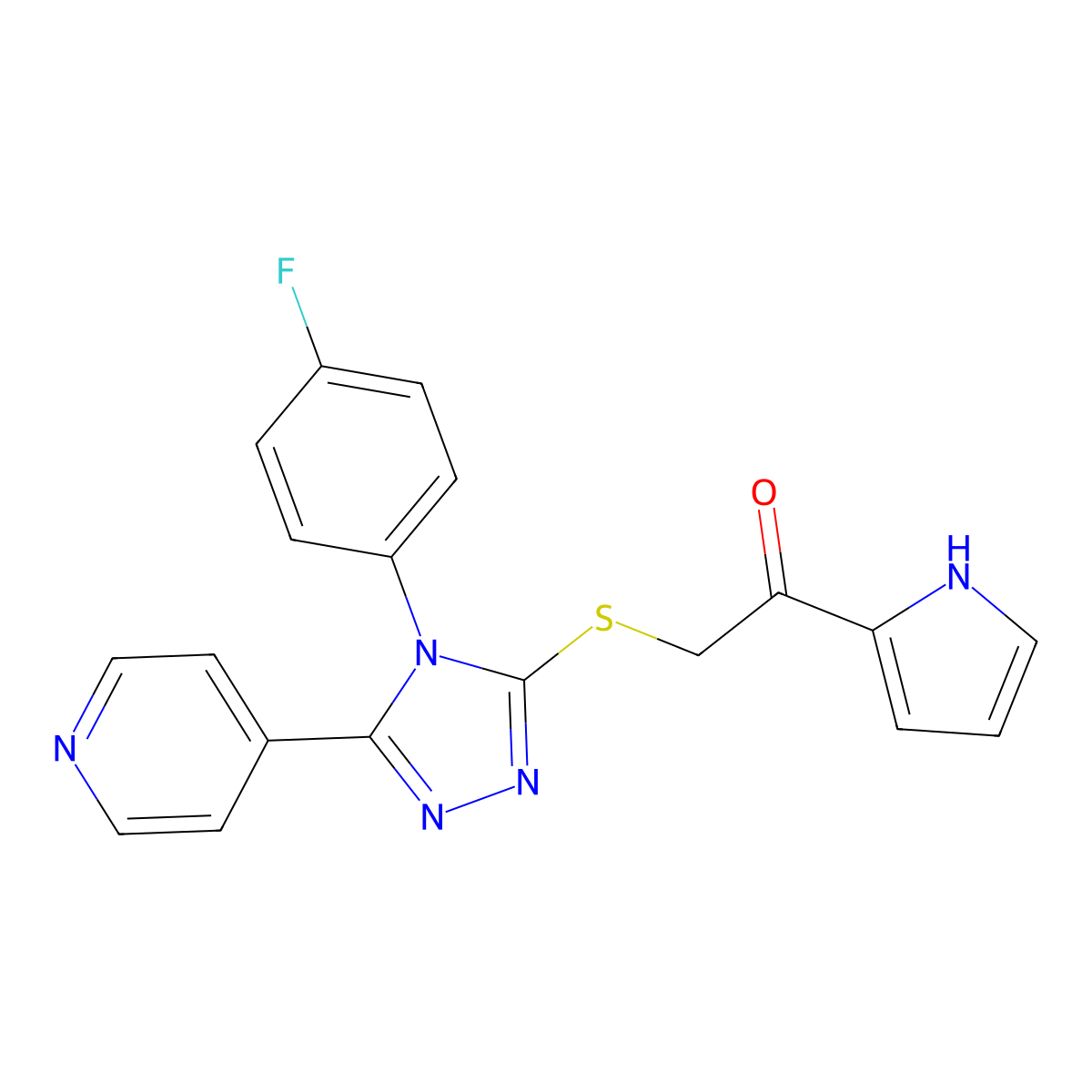 2-((4-(4-Fluorophenyl)-5-(pyridin-4-yl)-4H-1,2,4-triazol-3-yl)thio)-1-(1H-pyrrol-2-yl)ethan-1-one molecular structure, CAS 851396-73-1
