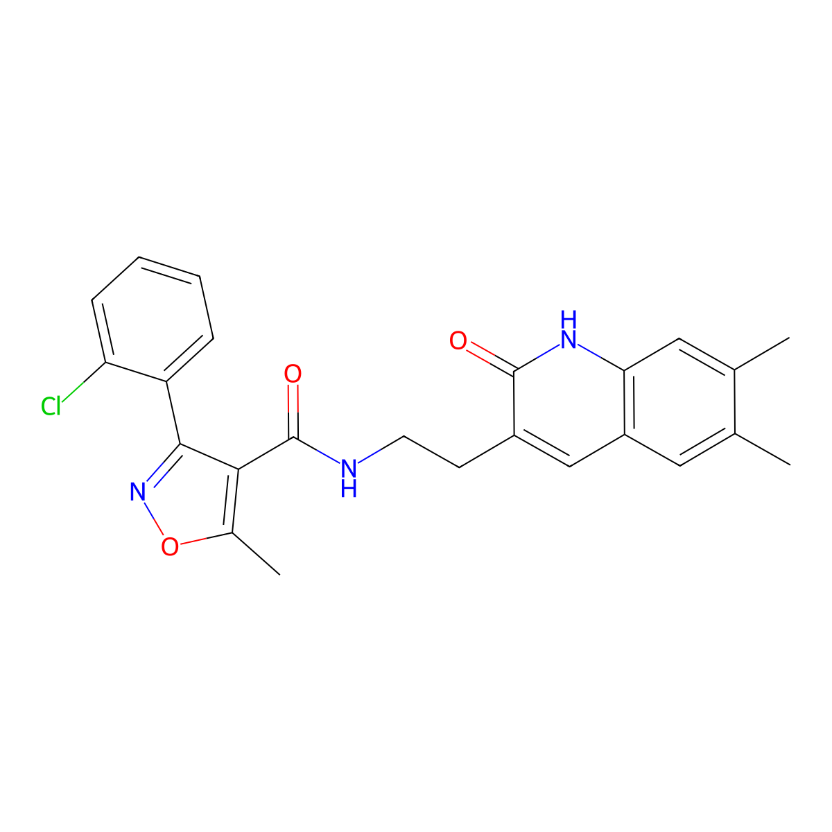 3-(2-chlorophenyl)-N-[2-(6,7-dimethyl-2-oxo-1H-quinolin-3-yl)ethyl]-5-methyl-1,2-oxazole-4-carboxamide molecular structure, CAS 851403-22-0