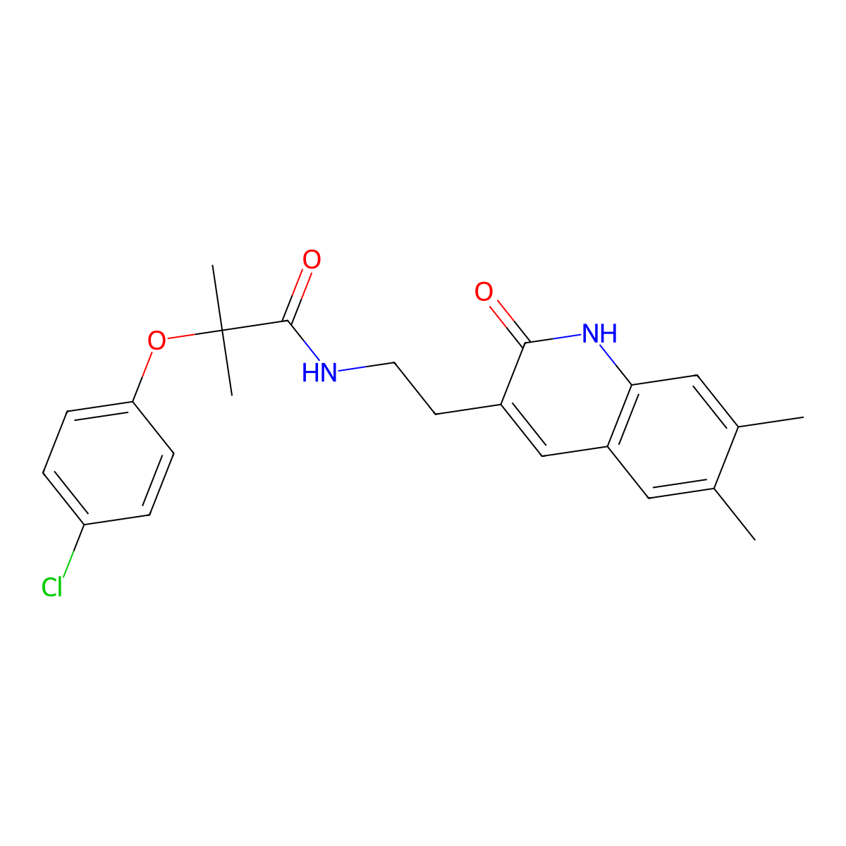 2-(4-chlorophenoxy)-N-[2-(6,7-dimethyl-2-oxo-1H-quinolin-3-yl)ethyl]-2-methylpropanamide molecular structure, CAS 851403-29-7