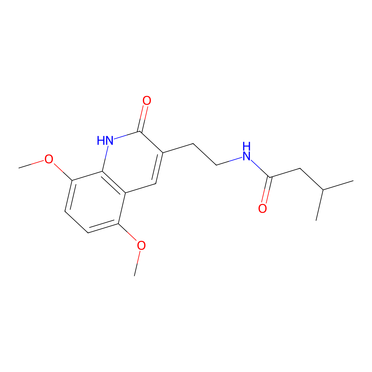 N-(2-(5,8-dimethoxy-2-oxo-1,2-dihydroquinolin-3-yl)ethyl)-3-methylbutanamide molecular structure, CAS 851403-70-8