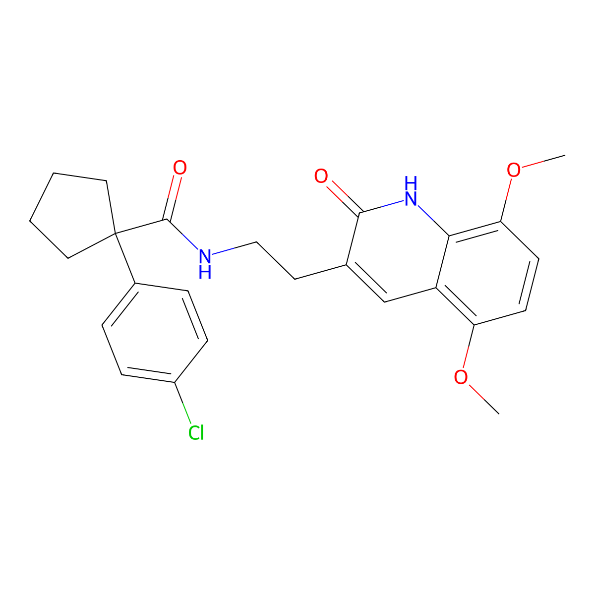 1-(4-chlorophenyl)-N-[2-(5,8-dimethoxy-2-oxo-1H-quinolin-3-yl)ethyl]cyclopentane-1-carboxamide molecular structure, CAS 851404-16-5