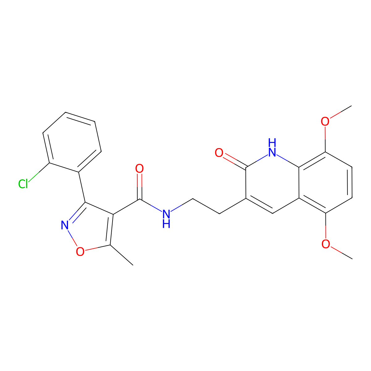3-(2-chlorophenyl)-N-(2-(5,8-dimethoxy-2-oxo-1,2-dihydroquinolin-3-yl)ethyl)-5-methylisoxazole-4-carboxamide molecular structure, CAS 851404-19-8