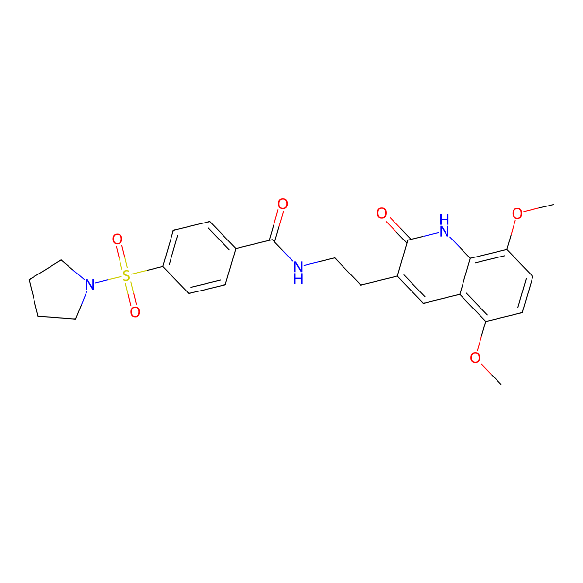 N-(2-(5,8-dimethoxy-2-oxo-1,2-dihydroquinolin-3-yl)ethyl)-4-(pyrrolidin-1-ylsulfonyl)benzamide molecular structure, CAS 851404-25-6