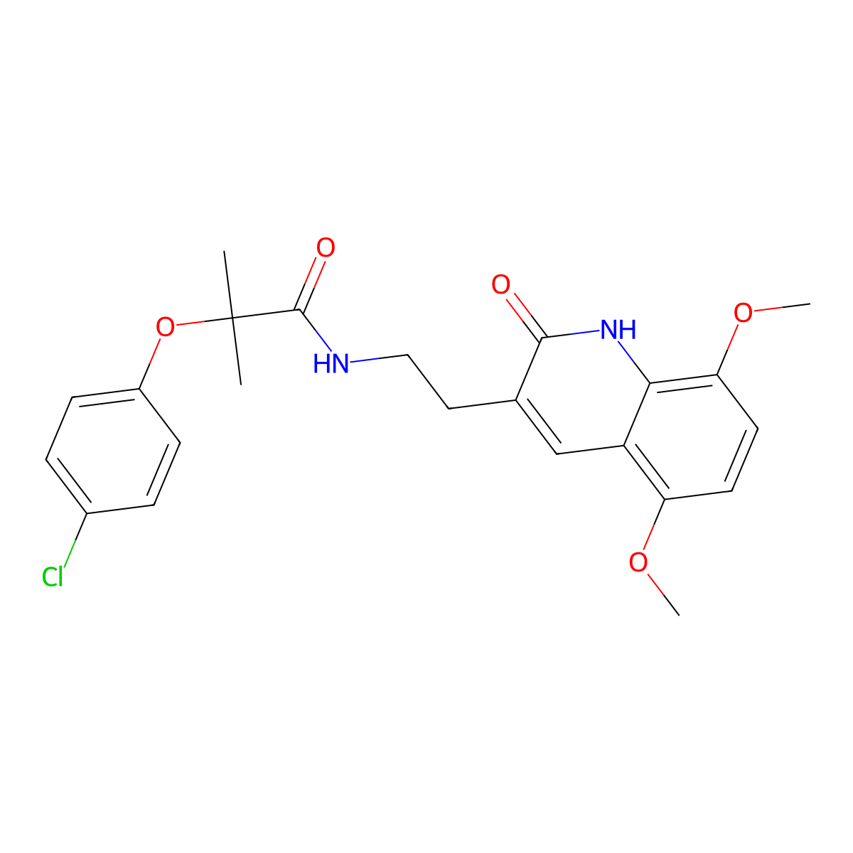 2-(4-chlorophenoxy)-N-(2-(5,8-dimethoxy-2-oxo-1,2-dihydroquinolin-3-yl)ethyl)-2-methylpropanamide molecular structure, CAS 851404-28-9