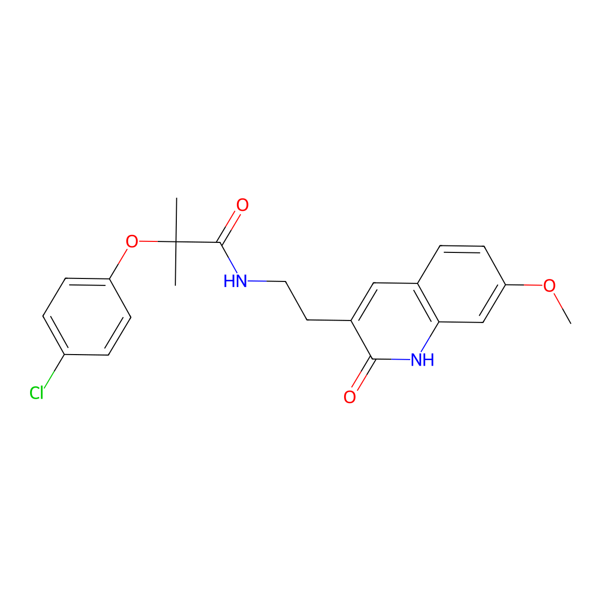 2-(4-chlorophenoxy)-N-[2-(7-methoxy-2-oxo-1H-quinolin-3-yl)ethyl]-2-methylpropanamide molecular structure, CAS 851406-28-5