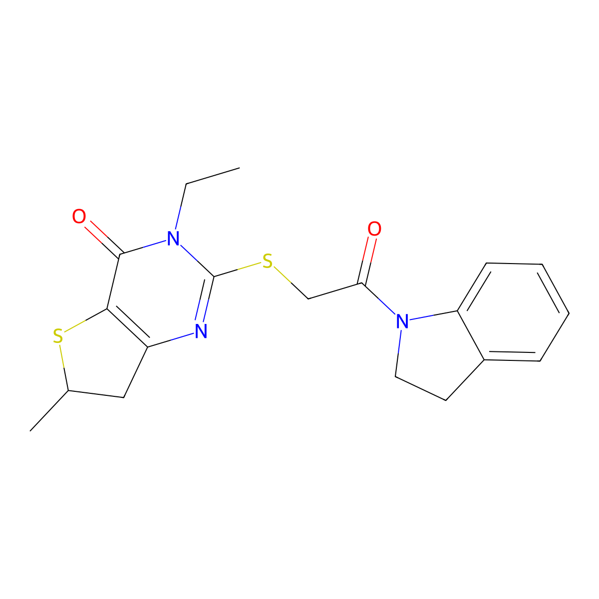 3-ethyl-2-((2-(indolin-1-yl)-2-oxoethyl)thio)-6-methyl-6,7-dihydrothieno[3,2-d]pyrimidin-4(3H)-one molecular structure, CAS 851409-24-0