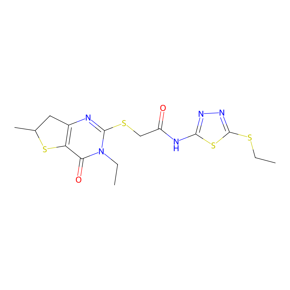 2-[(3-ethyl-6-methyl-4-oxo-6,7-dihydrothieno[3,2-d]pyrimidin-2-yl)sulfanyl]-N-(5-ethylsulfanyl-1,3,4-thiadiazol-2-yl)acetamide molecular structure, CAS 851409-27-3
