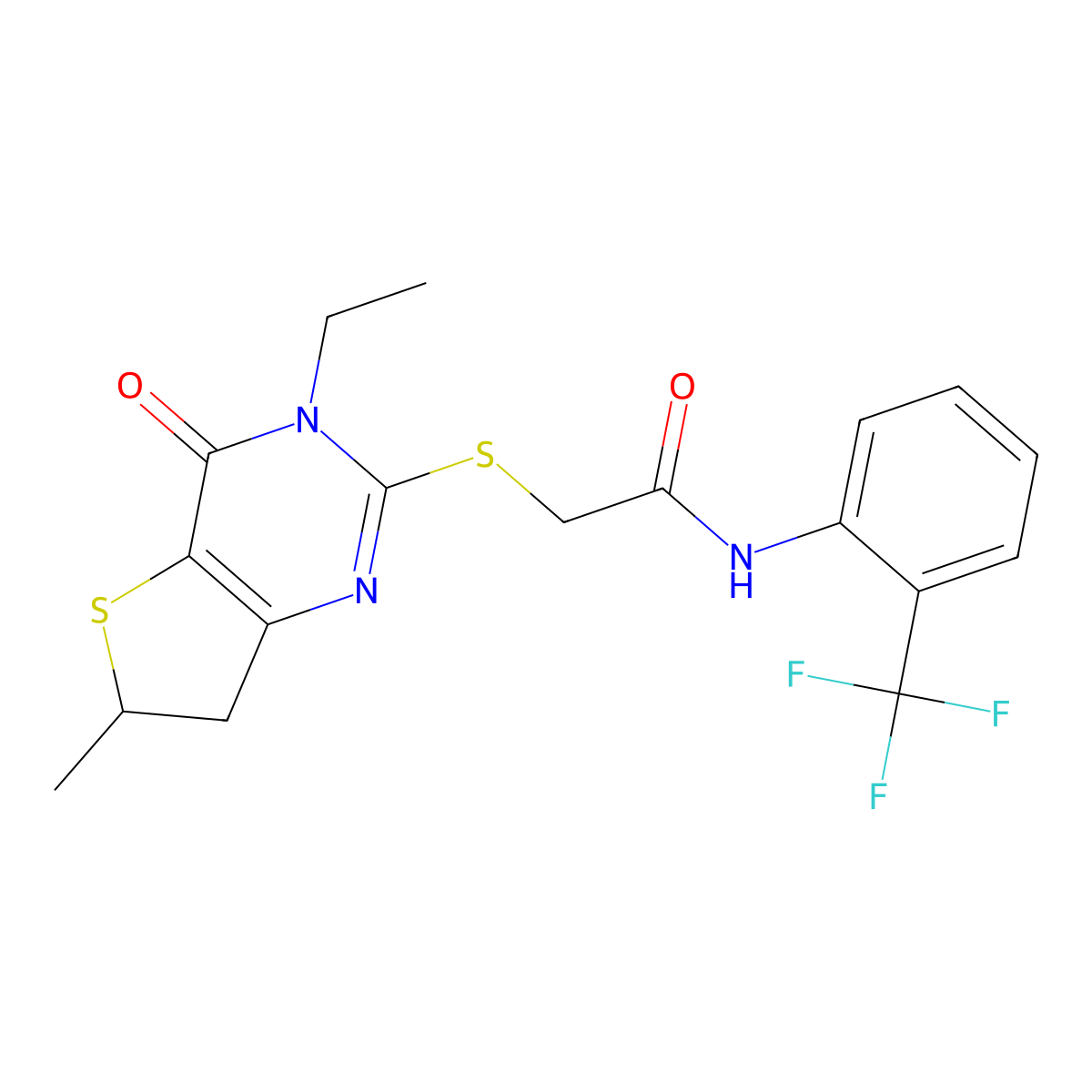 2-[(3-ethyl-6-methyl-4-oxo-6,7-dihydrothieno[3,2-d]pyrimidin-2-yl)sulfanyl]-N-[2-(trifluoromethyl)phenyl]acetamide molecular structure, CAS 851409-29-5