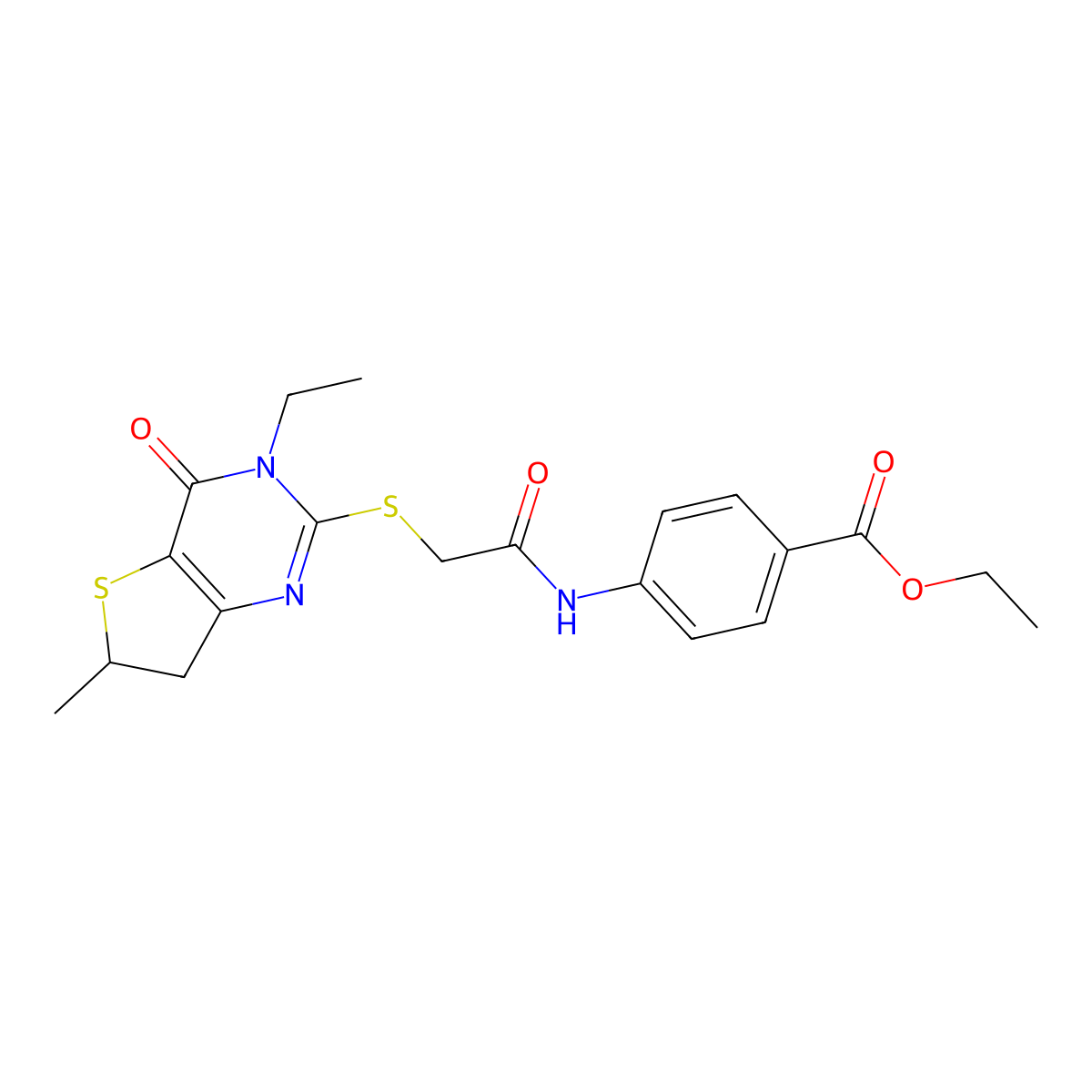 Ethyl 4-[[2-[(3-ethyl-6-methyl-4-oxo-6,7-dihydrothieno[3,2-d]pyrimidin-2-yl)sulfanyl]acetyl]amino]benzoate molecular structure, CAS 851409-31-9