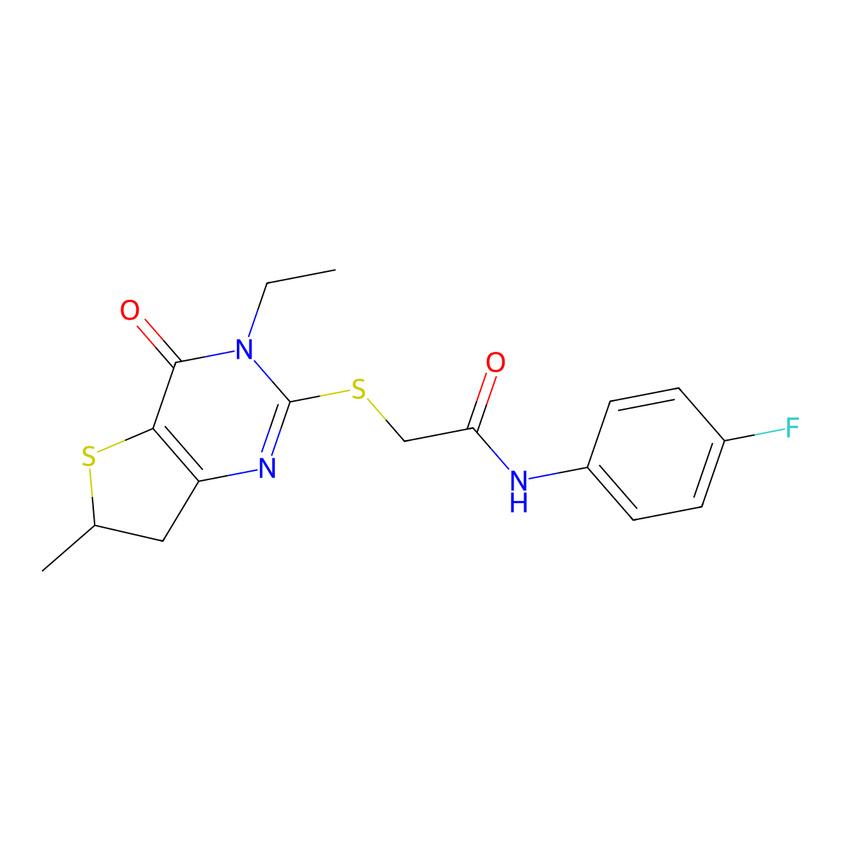 2-[(3-ethyl-6-methyl-4-oxo-6,7-dihydrothieno[3,2-d]pyrimidin-2-yl)sulfanyl]-N-(4-fluorophenyl)acetamide molecular structure, CAS 851409-33-1