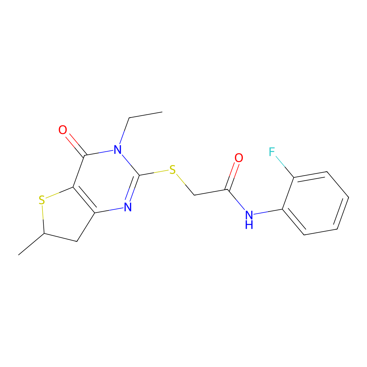 2-[(3-ethyl-6-methyl-4-oxo-6,7-dihydrothieno[3,2-d]pyrimidin-2-yl)sulfanyl]-N-(2-fluorophenyl)acetamide molecular structure, CAS 851409-34-2