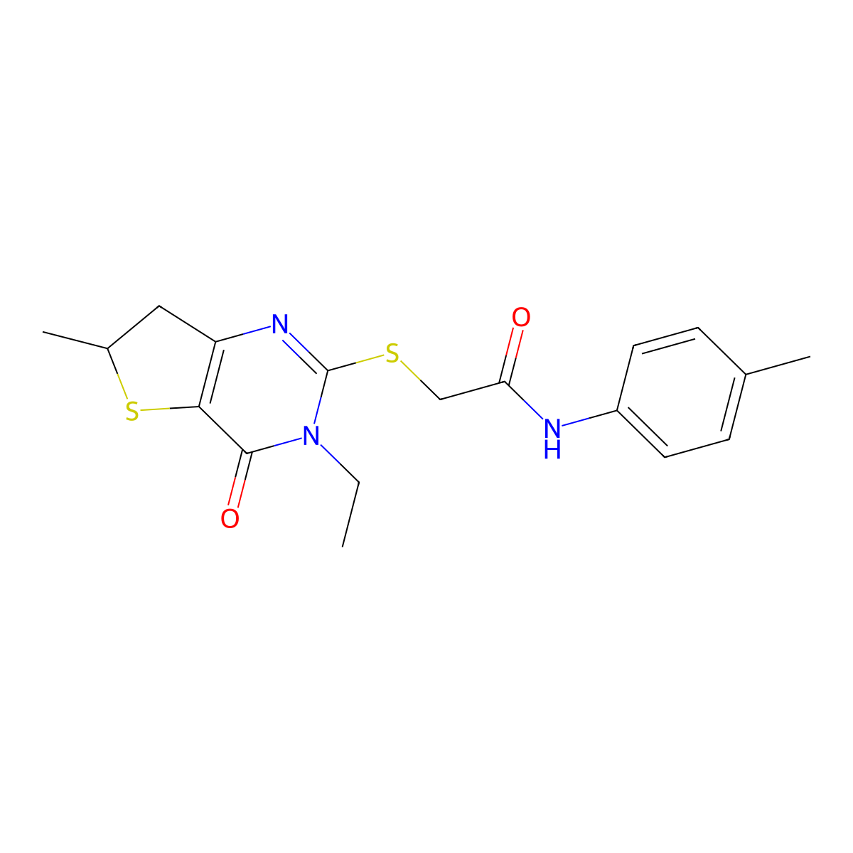 2-((3-ethyl-6-methyl-4-oxo-3,4,6,7-tetrahydrothieno[3,2-d]pyrimidin-2-yl)thio)-N-(p-tolyl)acetamide molecular structure, CAS 851409-36-4