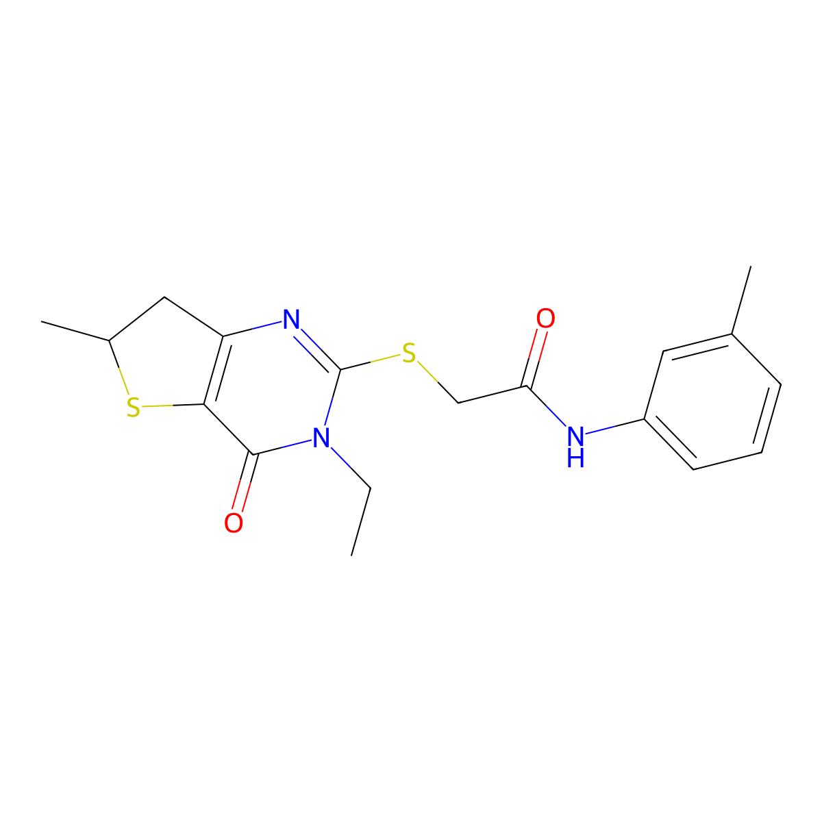 2-[(3-ethyl-6-methyl-4-oxo-6,7-dihydrothieno[3,2-d]pyrimidin-2-yl)sulfanyl]-N-(3-methylphenyl)acetamide molecular structure, CAS 851409-37-5