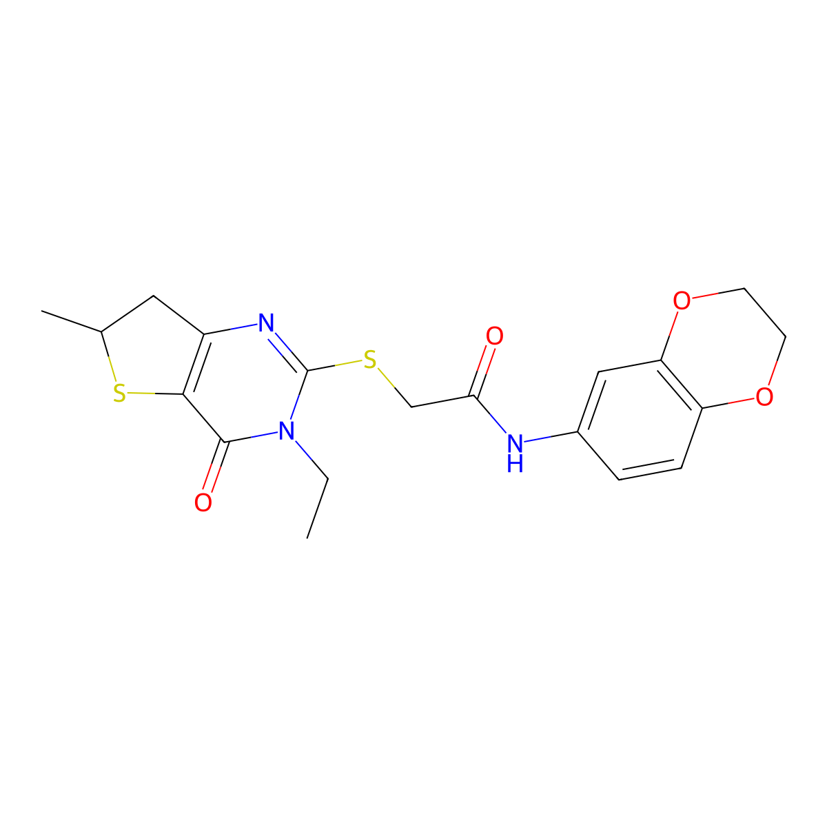 N-(2,3-dihydrobenzo[b][1,4]dioxin-6-yl)-2-((3-ethyl-6-methyl-4-oxo-3,4,6,7-tetrahydrothieno[3,2-d]pyrimidin-2-yl)thio)acetamide molecular structure, CAS 851409-45-5