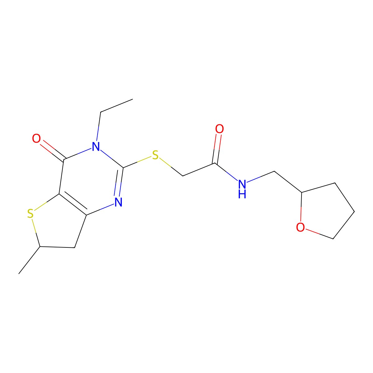 2-[(3-ethyl-6-methyl-4-oxo-6,7-dihydrothieno[3,2-d]pyrimidin-2-yl)sulfanyl]-N-(oxolan-2-ylmethyl)acetamide molecular structure, CAS 851409-51-3