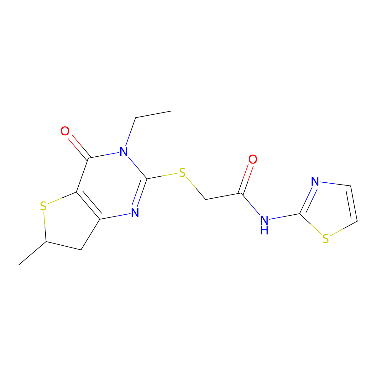 2-((3-ethyl-6-methyl-4-oxo-3,4,6,7-tetrahydrothieno[3,2-d]pyrimidin-2-yl)thio)-N-(thiazol-2-yl)acetamide molecular structure, CAS 851409-56-8